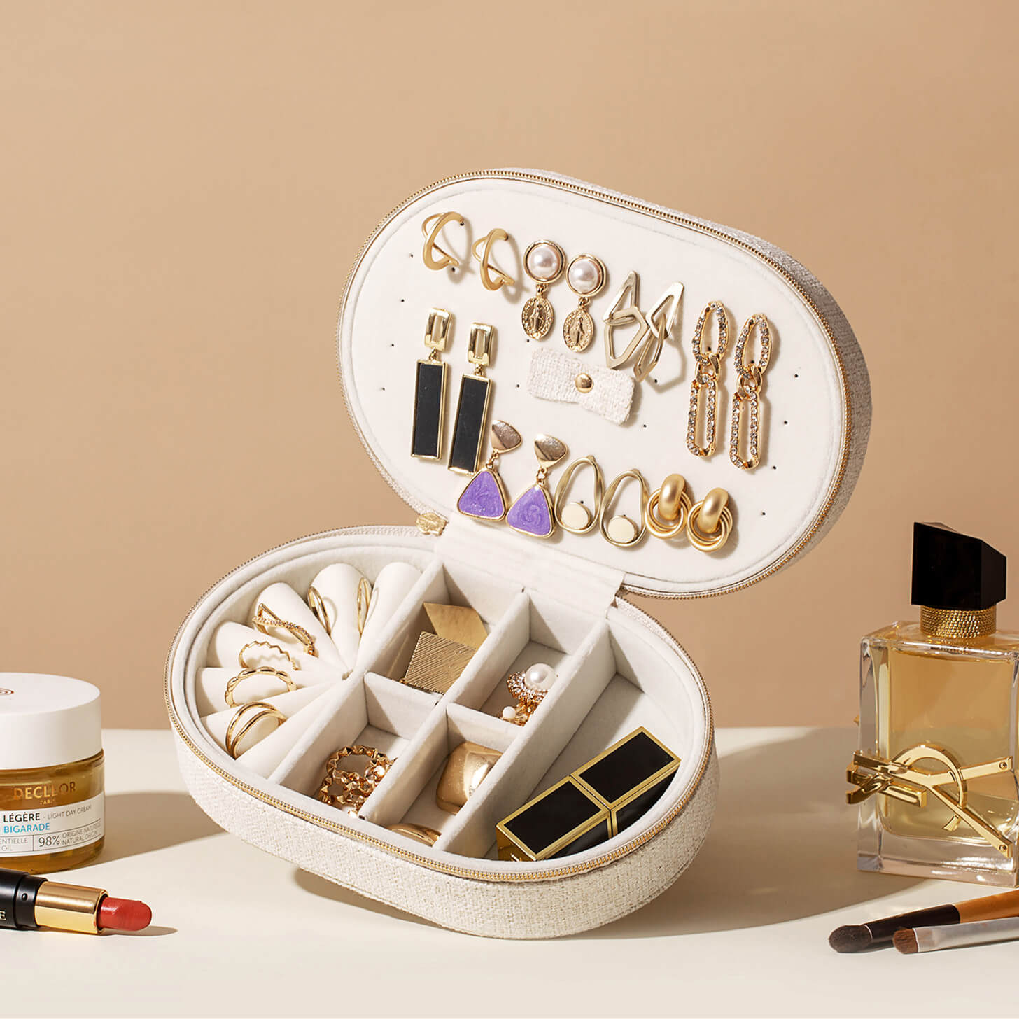 small travel jewelry box beige