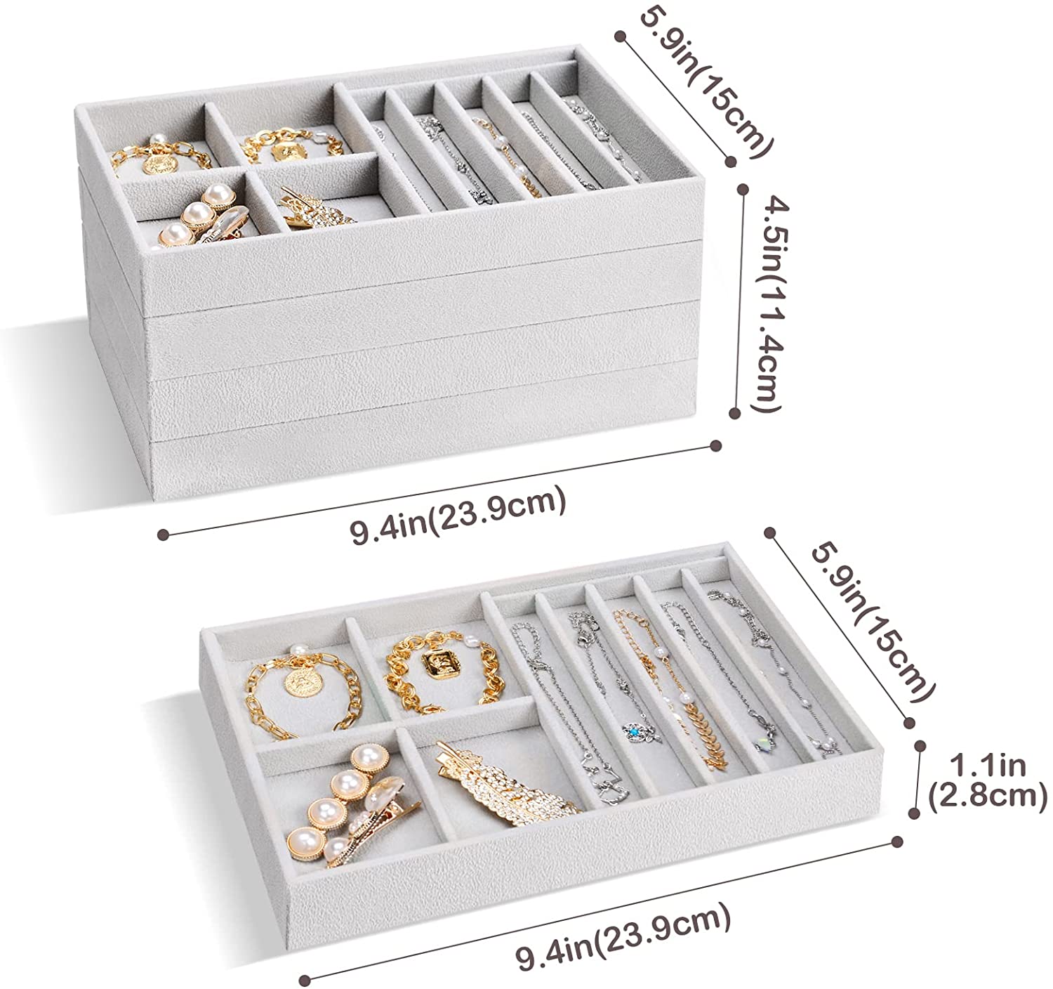 Stackable Jewelry Organizer Trays for Drawers (4 Pack)