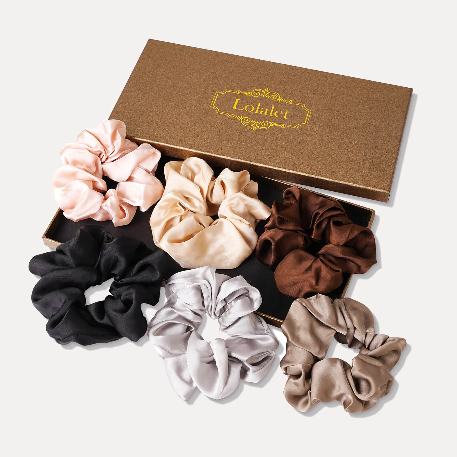 A 6-pack of Lolalet large satin scrunchies for women in assorted colors, designed as soft hair ties for sleep and ponytail holders.