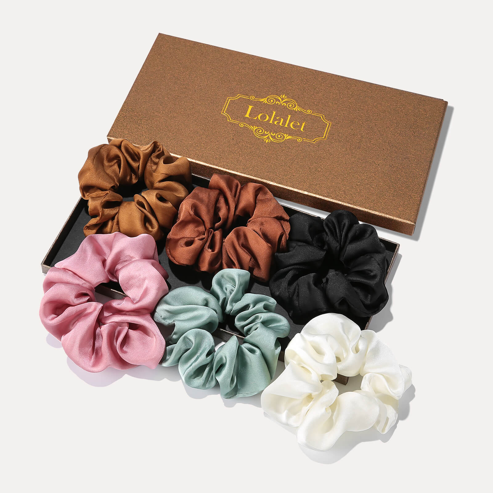 A 6-pack of Lolalet large satin scrunchies for women in assorted colors, designed as soft hair ties for sleep and ponytail holders.