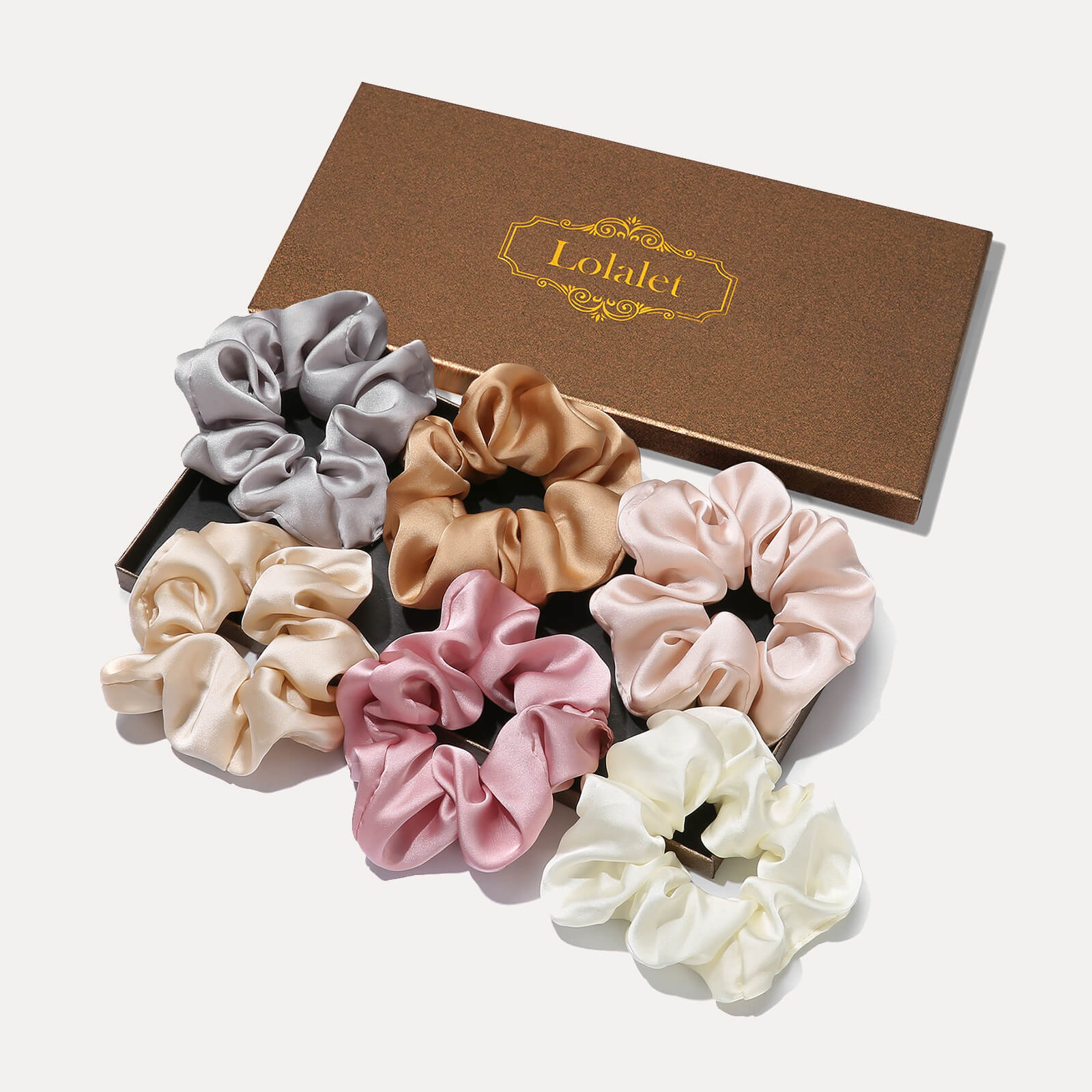 A 6-pack of Lolalet large satin scrunchies for women in assorted colors, designed as soft hair ties for sleep and ponytail holders.