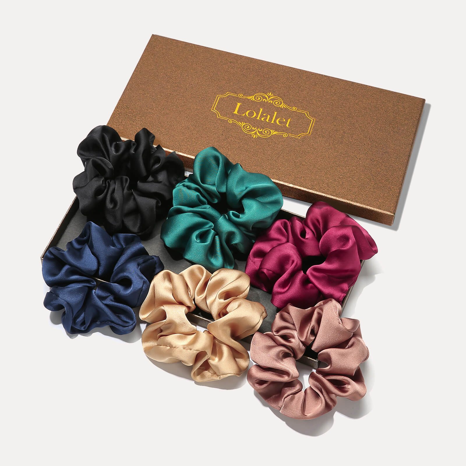 A 6-pack of Lolalet large satin scrunchies for women in assorted colors, designed as soft hair ties for sleep and ponytail holders.