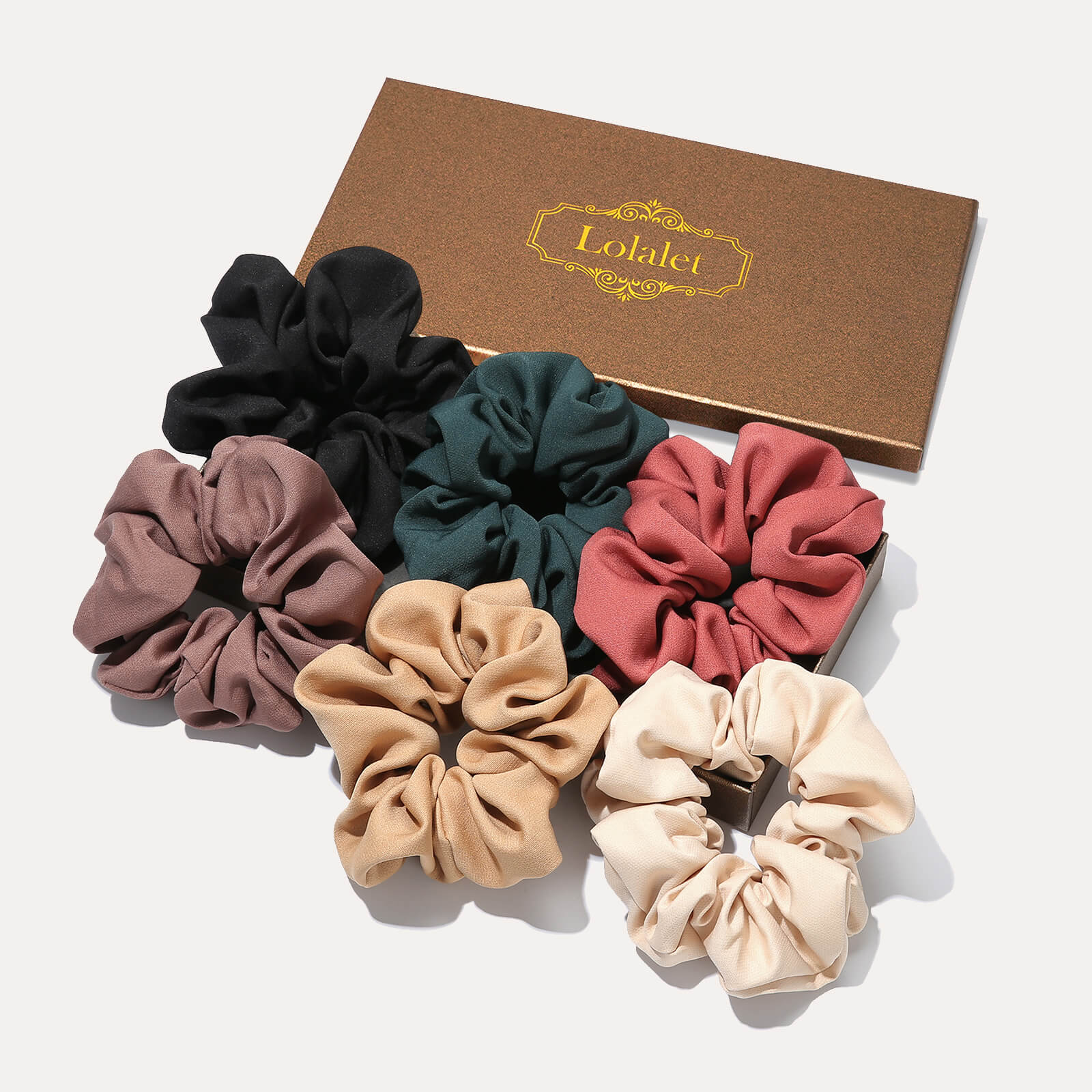 A 6-pack of Lolalet large satin scrunchies for women in assorted colors, designed as soft hair ties for sleep and ponytail holders.