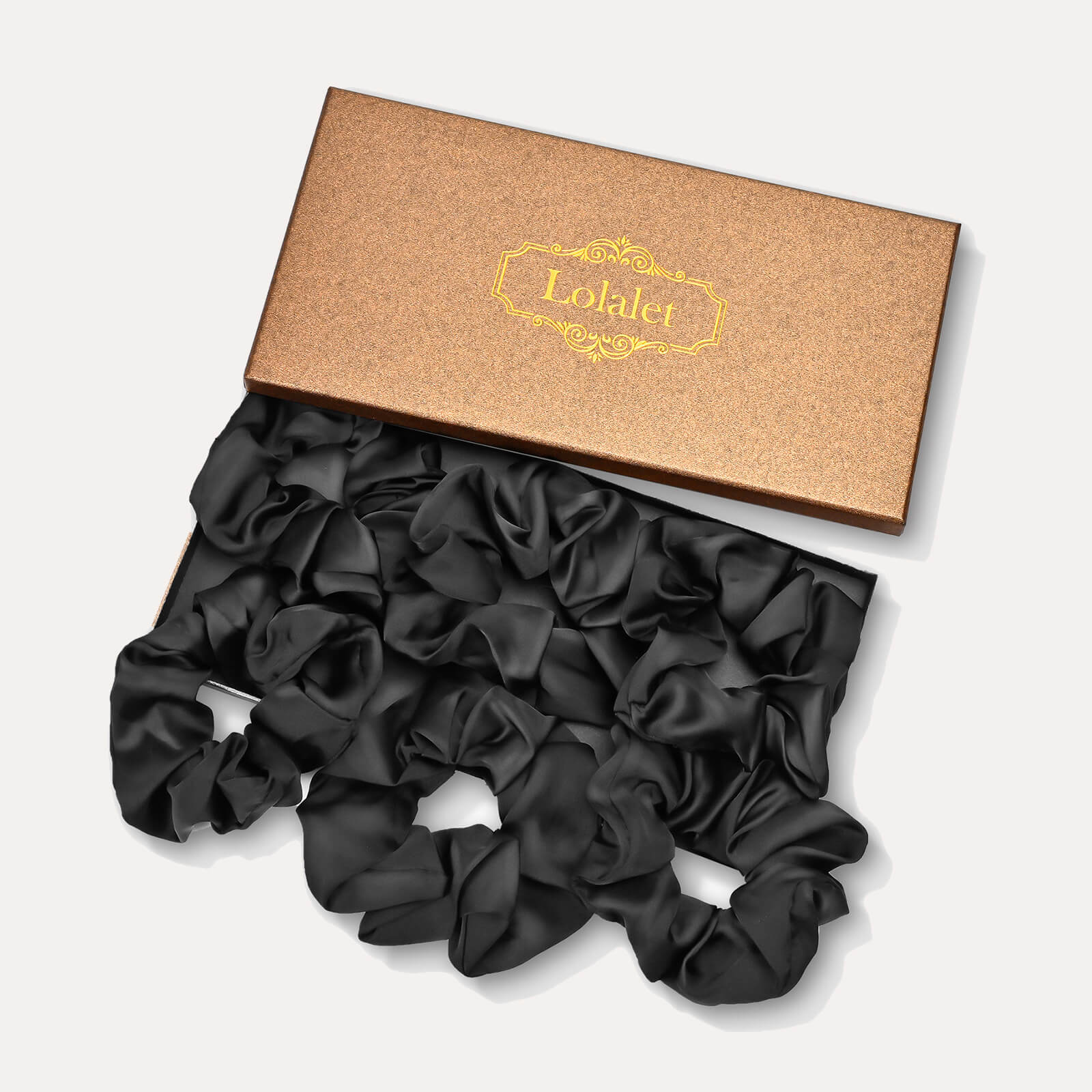 A 6-pack of Lolalet large satin scrunchies for women in assorted colors, designed as soft hair ties for sleep and ponytail holders.