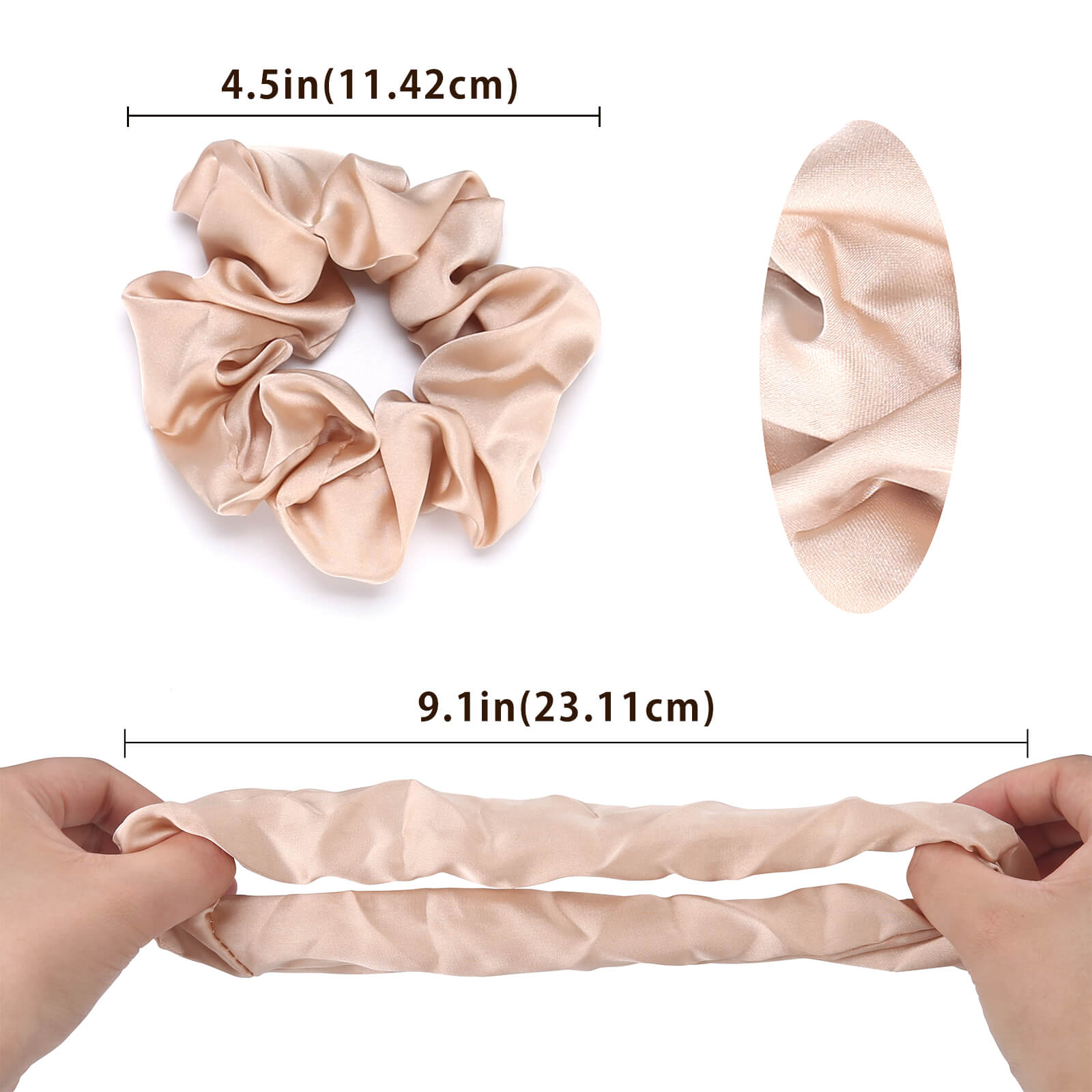 A close-up shot of a Lolalet scrunchy, showcasing the smooth, shiny texture of its soft satin fabric.