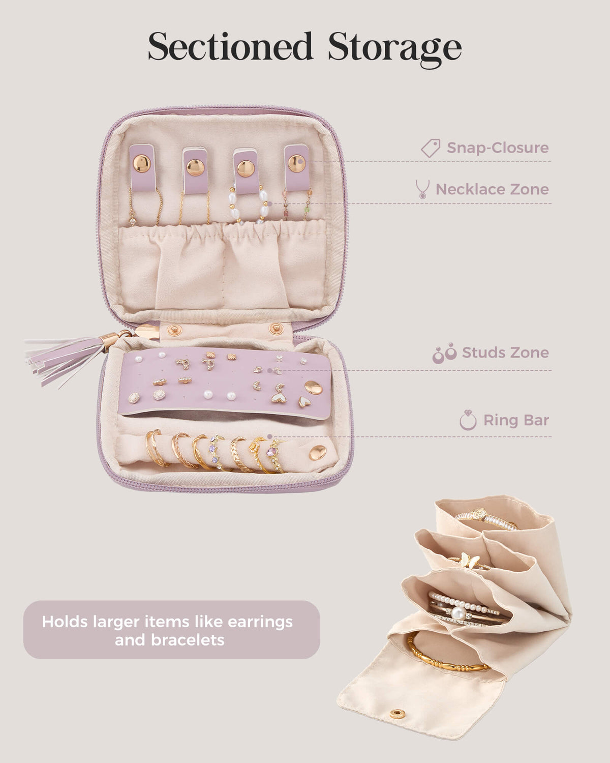 Lavender travel jewelry organizer pouch with detachable compartments - organized compartments