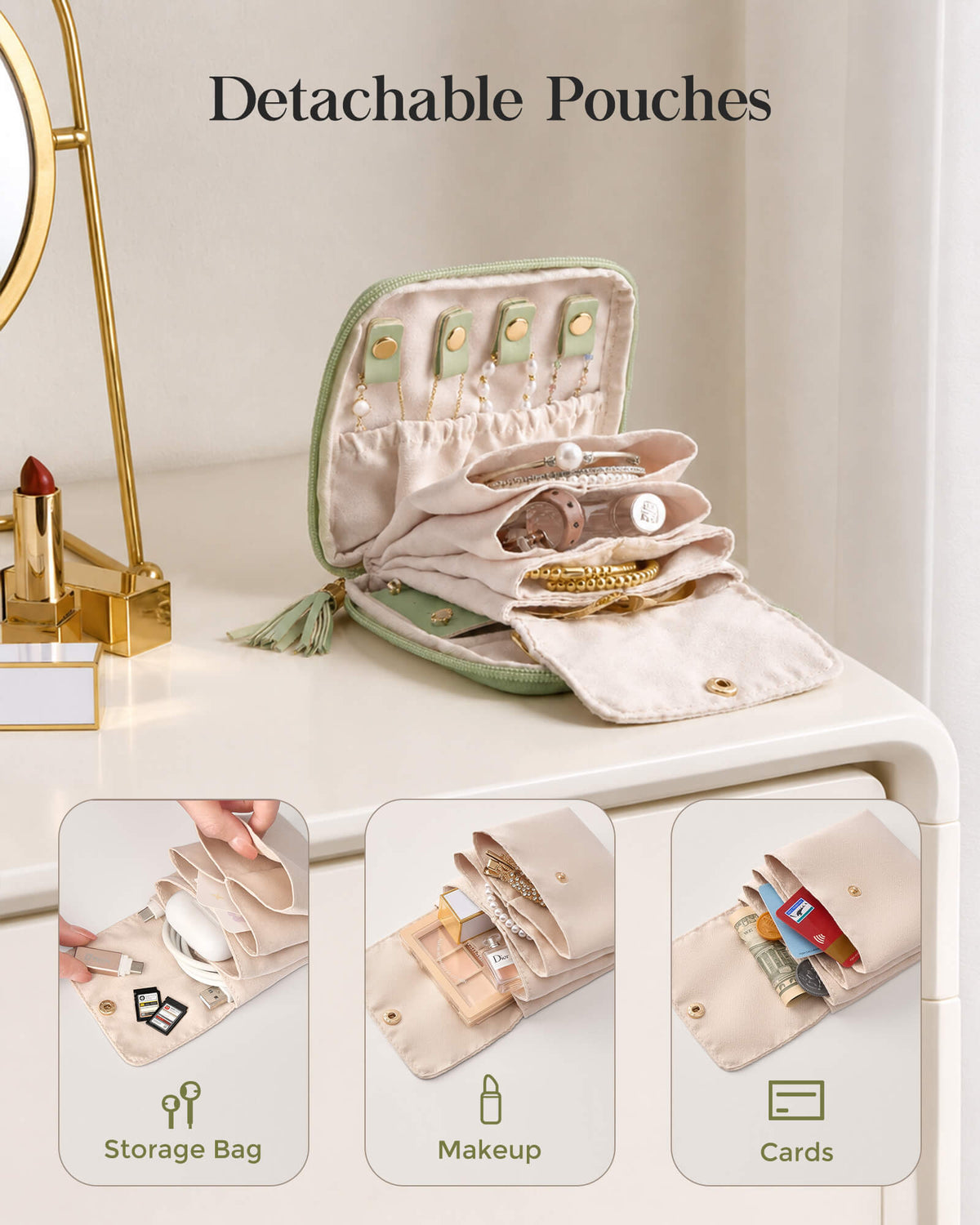 Sage green travel jewelry organizer pouch with detachable compartments - close-up detail