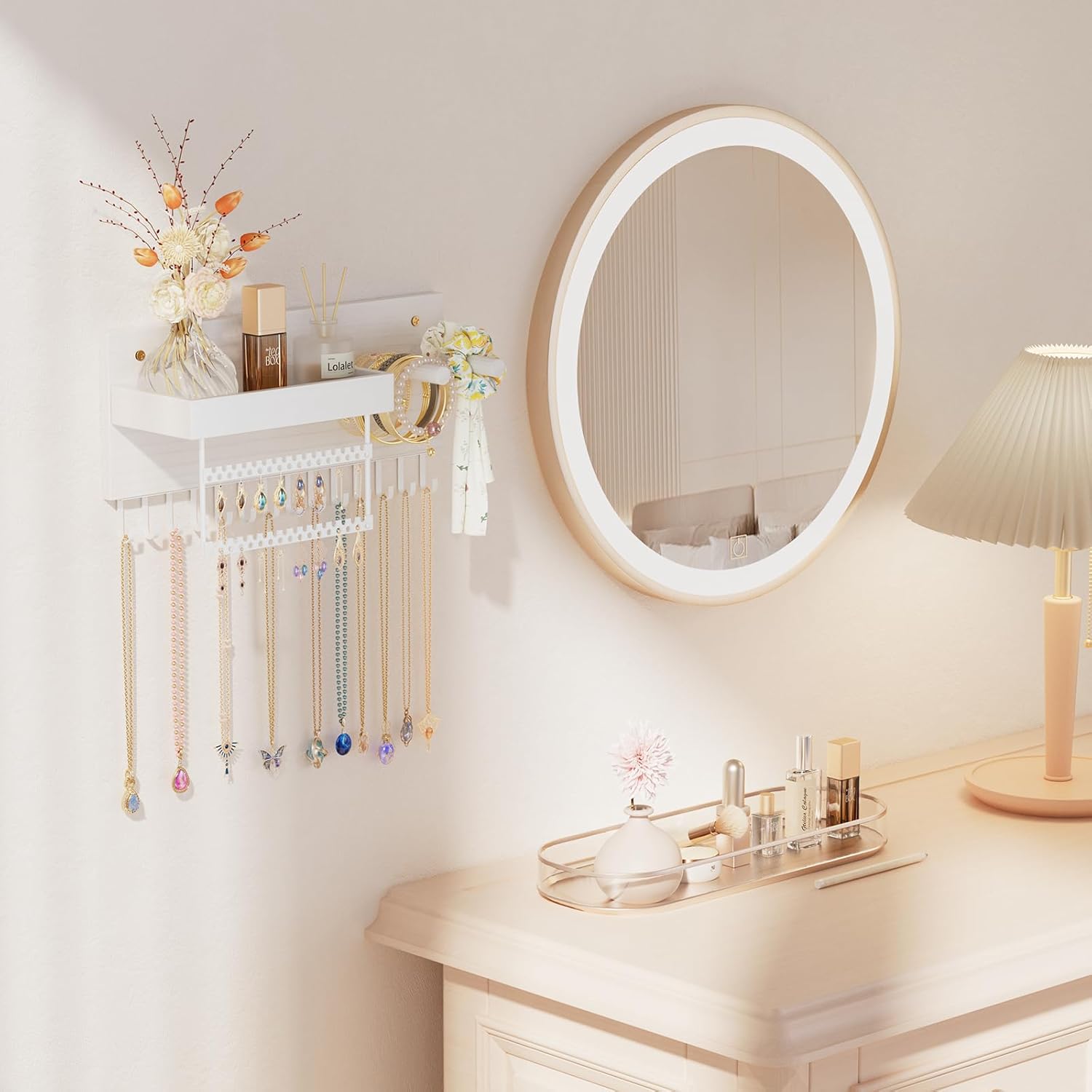 Wall Mounted Hanging Jewelry Organizer with Storage Shelf