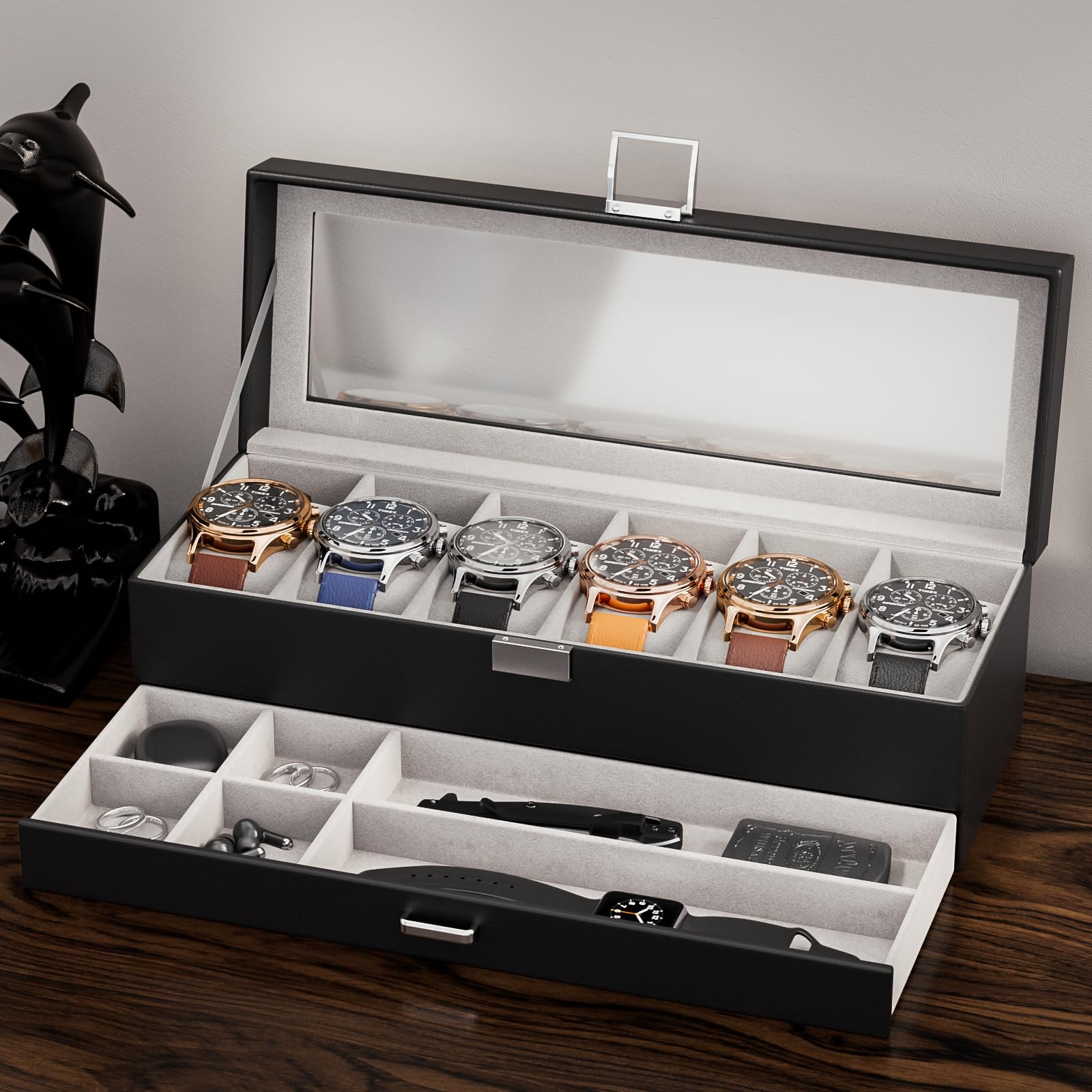 6 Slot 2-Layer Watch Display Case with Drawer