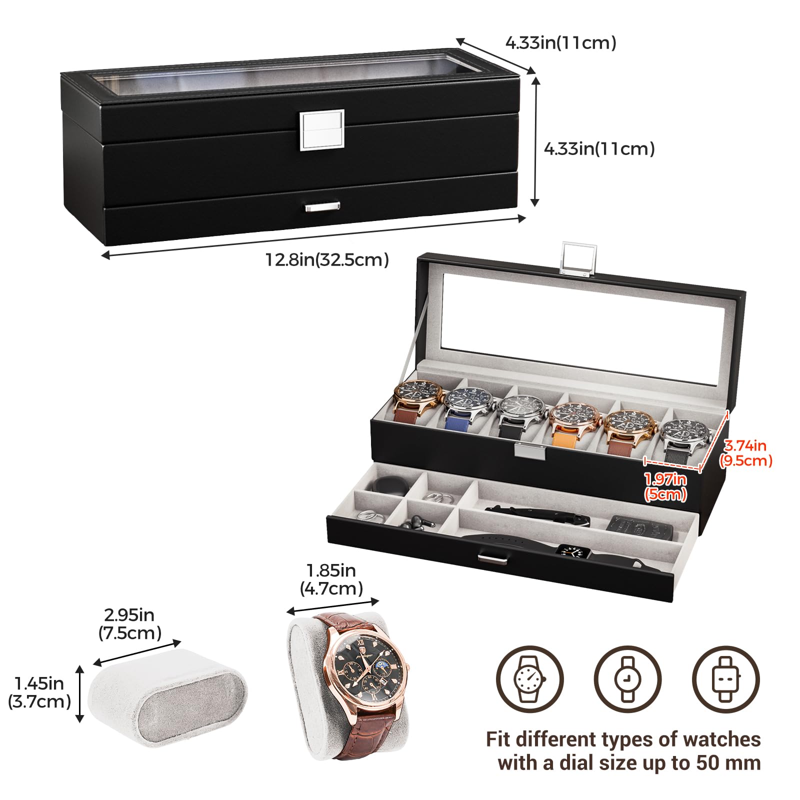 6 Slot 2-Layer Watch Display Case with Drawer