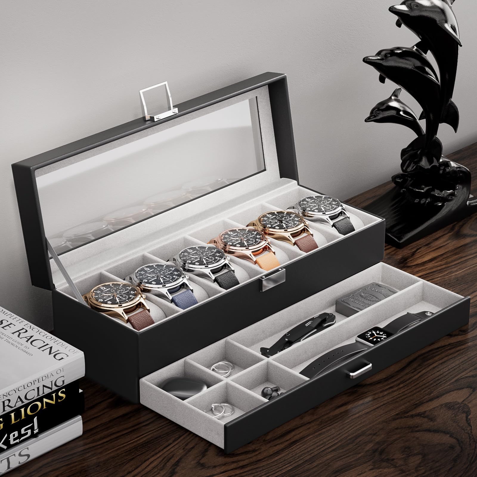 6 Slot 2-Layer Watch Display Case with Drawer