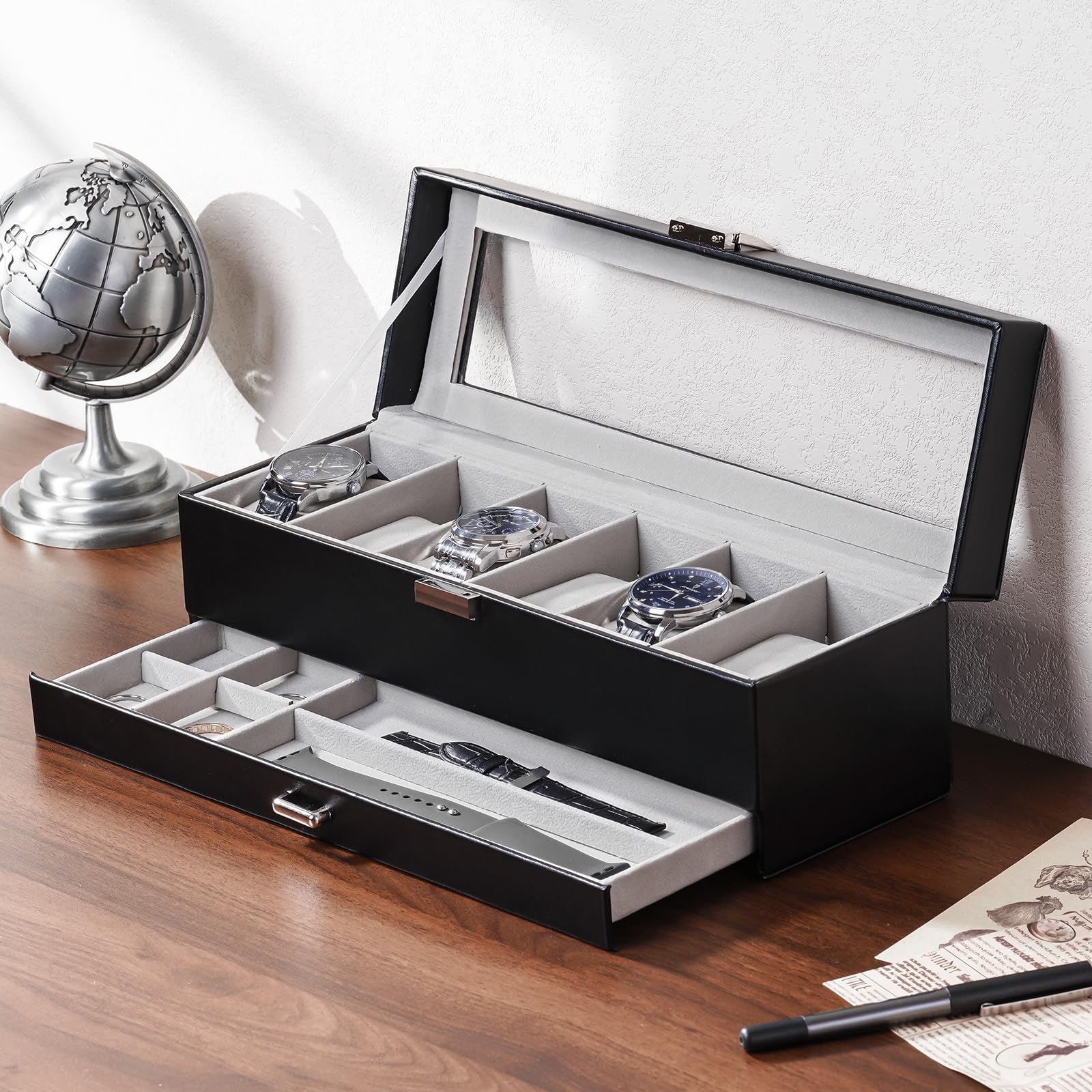 6 Slot 2-Layer Watch Display Case with Drawer