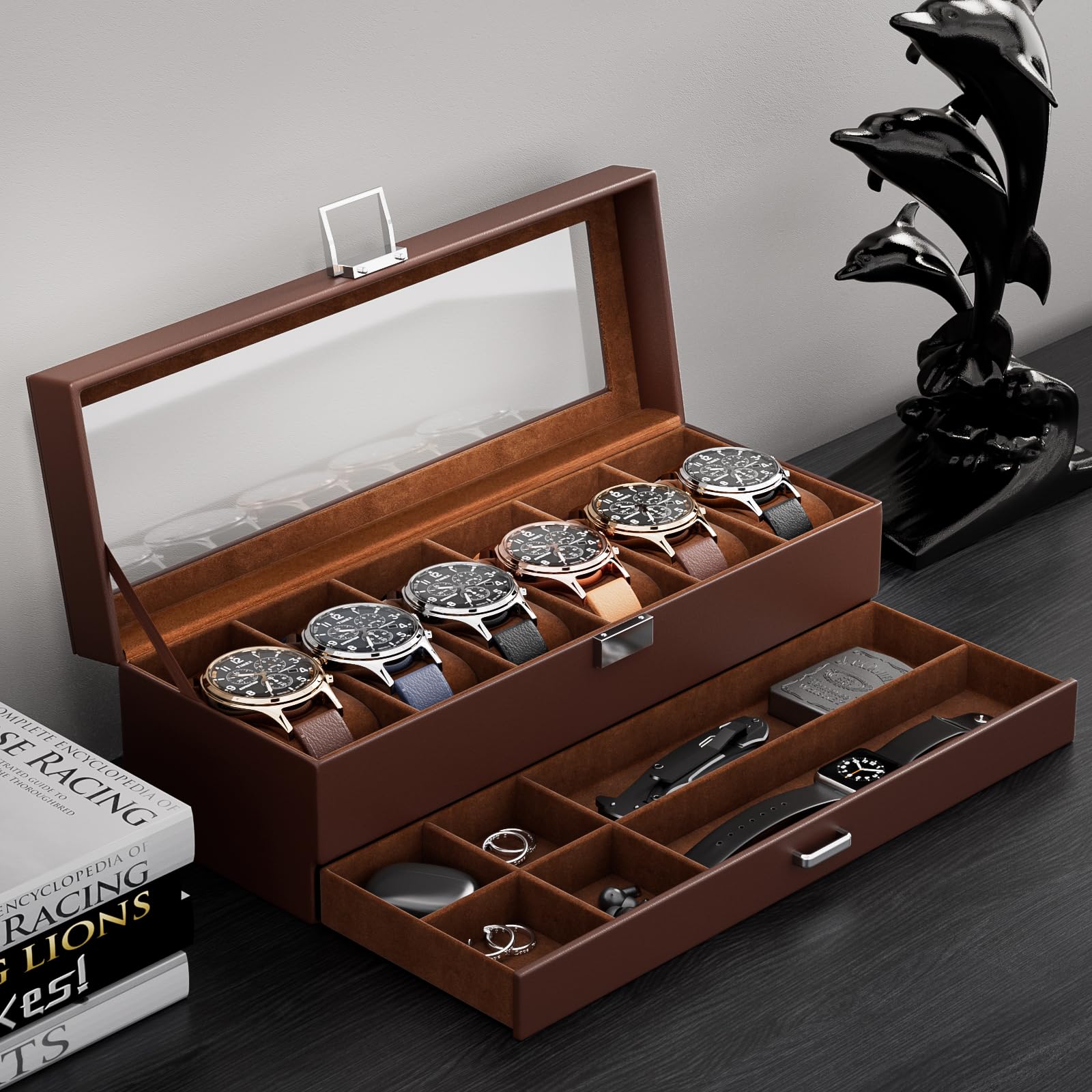 6 Slot 2-Layer Watch Display Case with Drawer