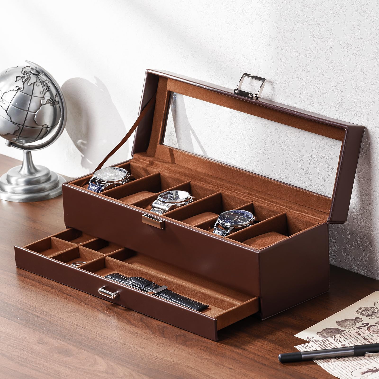 6 Slot 2-Layer Watch Display Case with Drawer