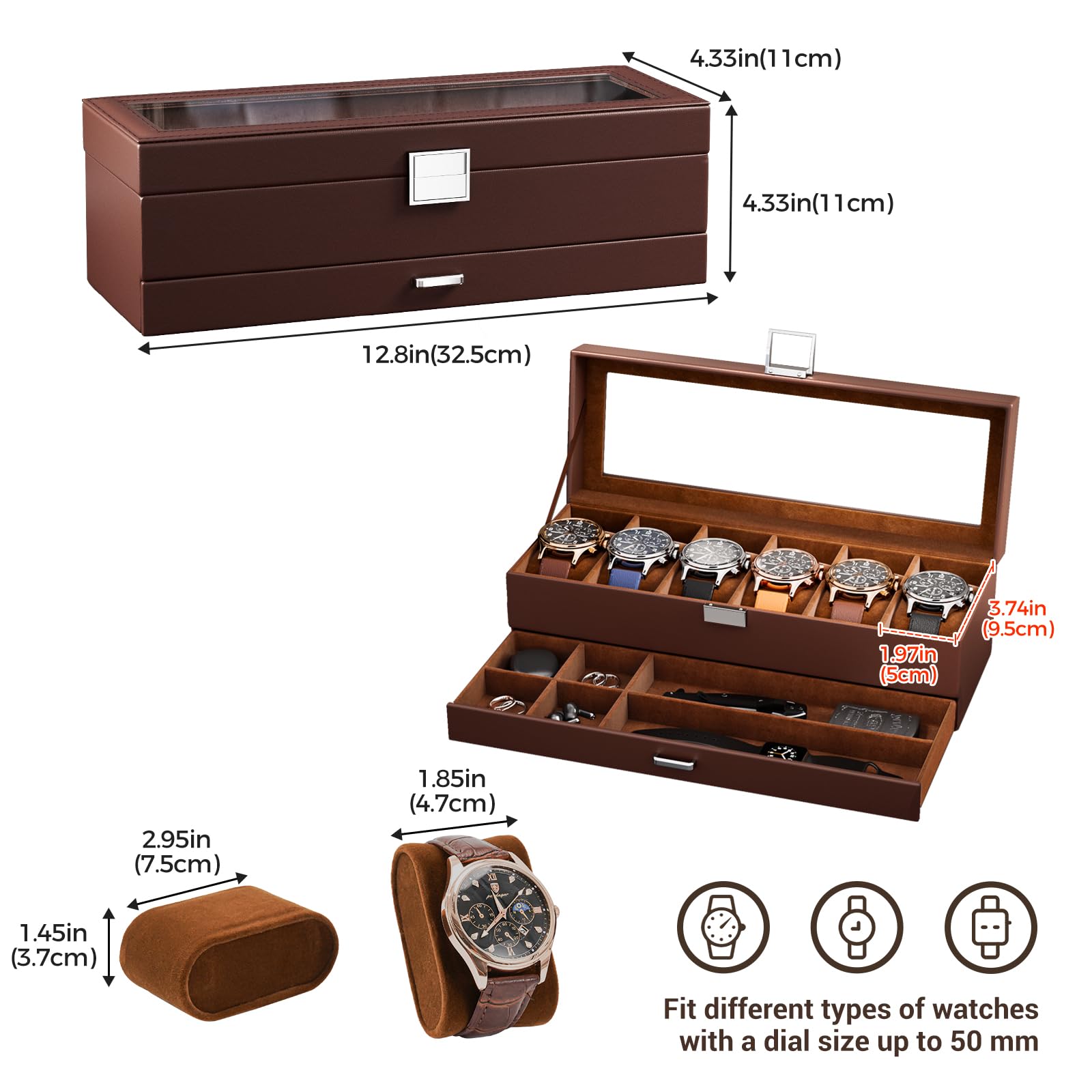 6 Slot 2-Layer Watch Display Case with Drawer