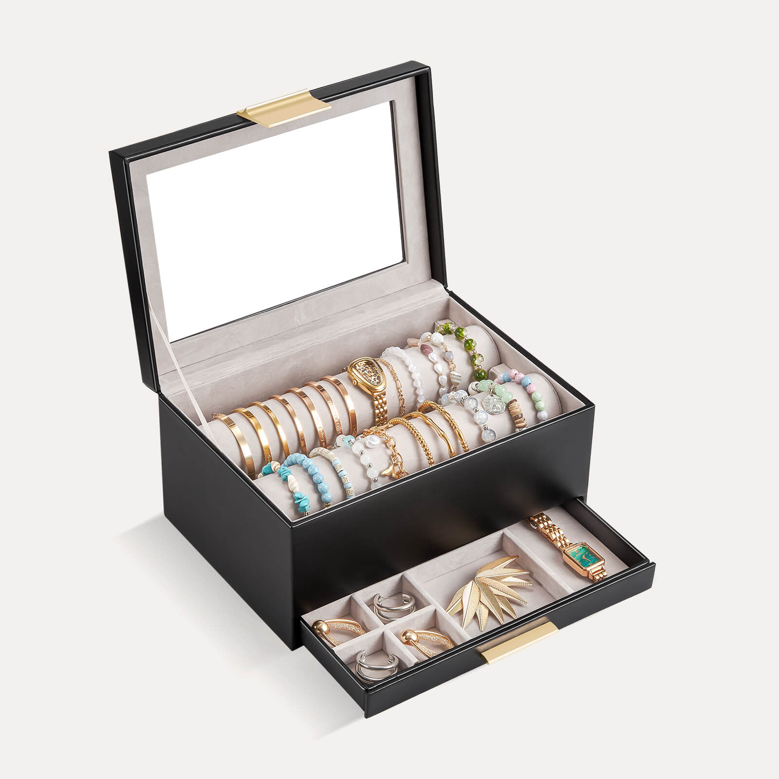 Lolalet bracelet holder organizer with a clear acrylic lid and a bottom storage drawer.