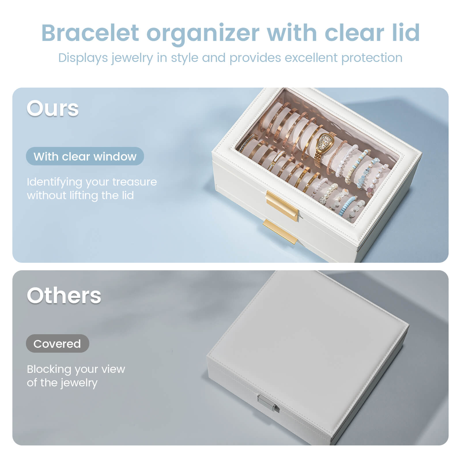 Top-down view into the Lolalet bracelet holder, showing the soft velvet pillows ready for storing watches or bangles.