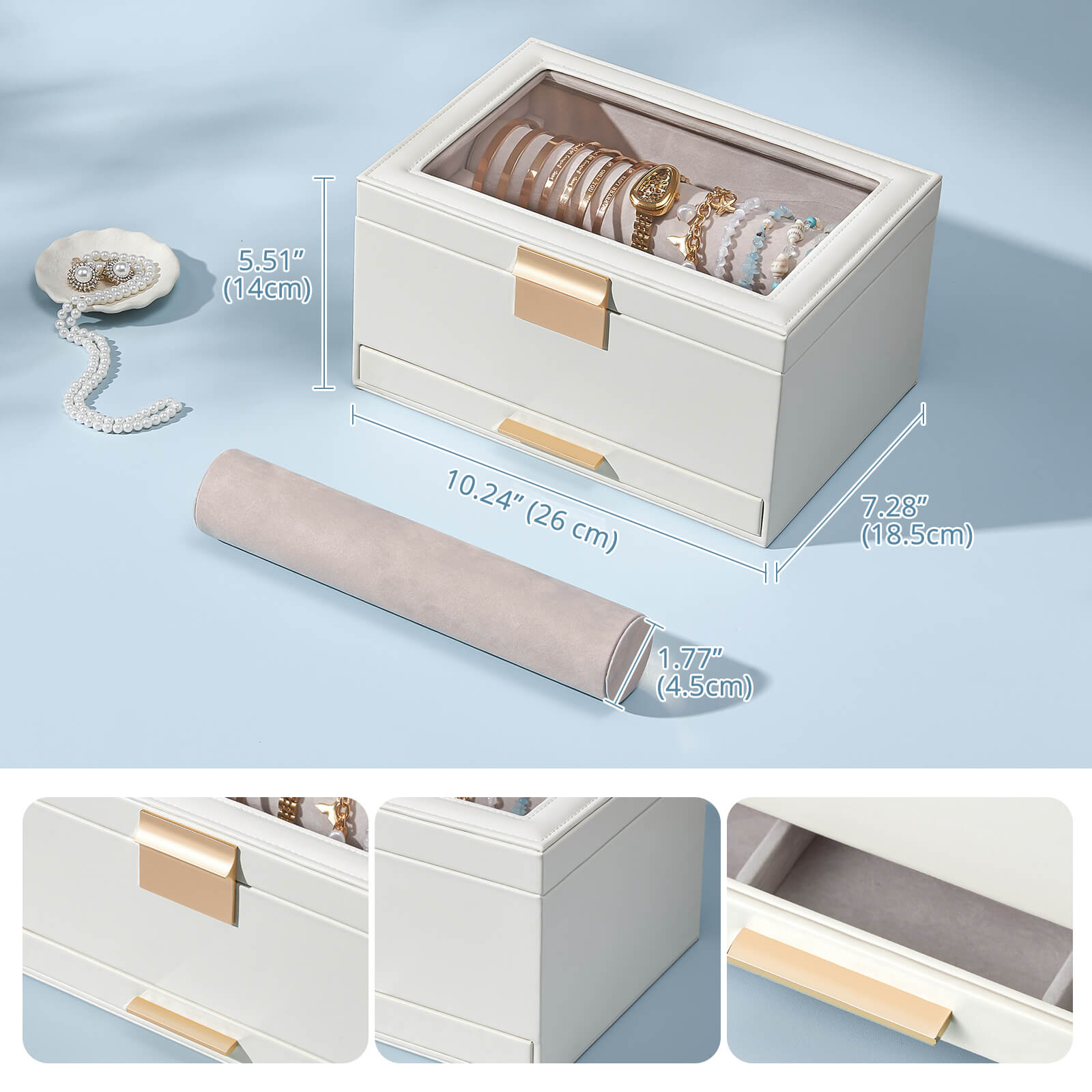 Close-up of the pull-out drawer on the Lolalet jewelry organizer, revealing compartments for rings, earrings, or other small accessories.