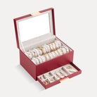 An elegant winered Lolalet bracelet holder featuring a transparent dust-proof lid and a lower drawer, designed to display and organize watches and bangles for women.