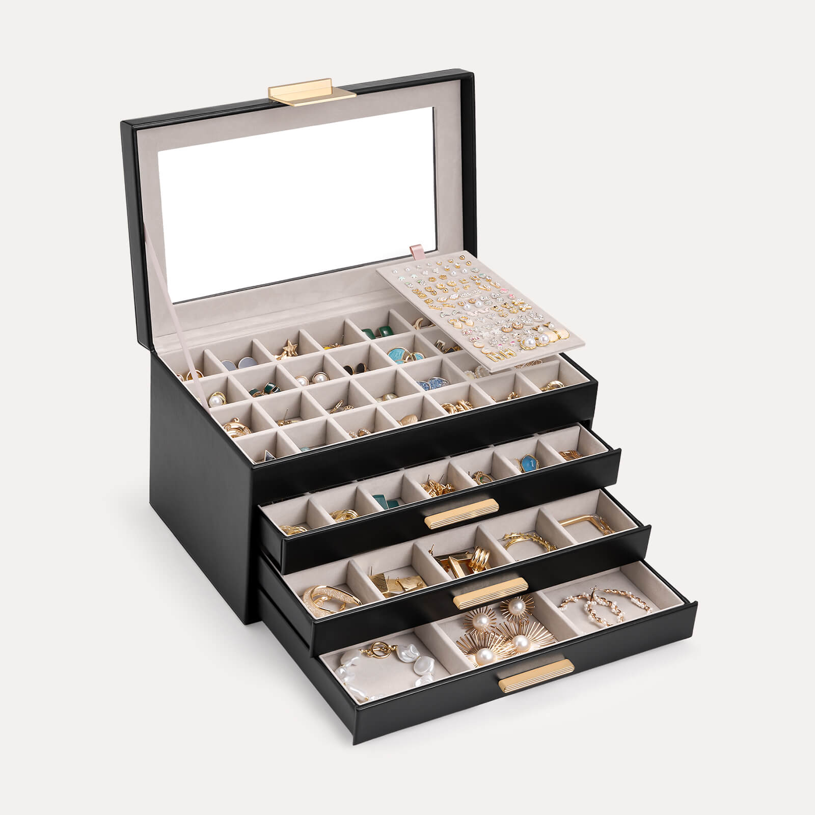 The Lolalet earring jewelry holder with all four tiers/drawers open, showcasing its massive storage capacity and various grid compartments.