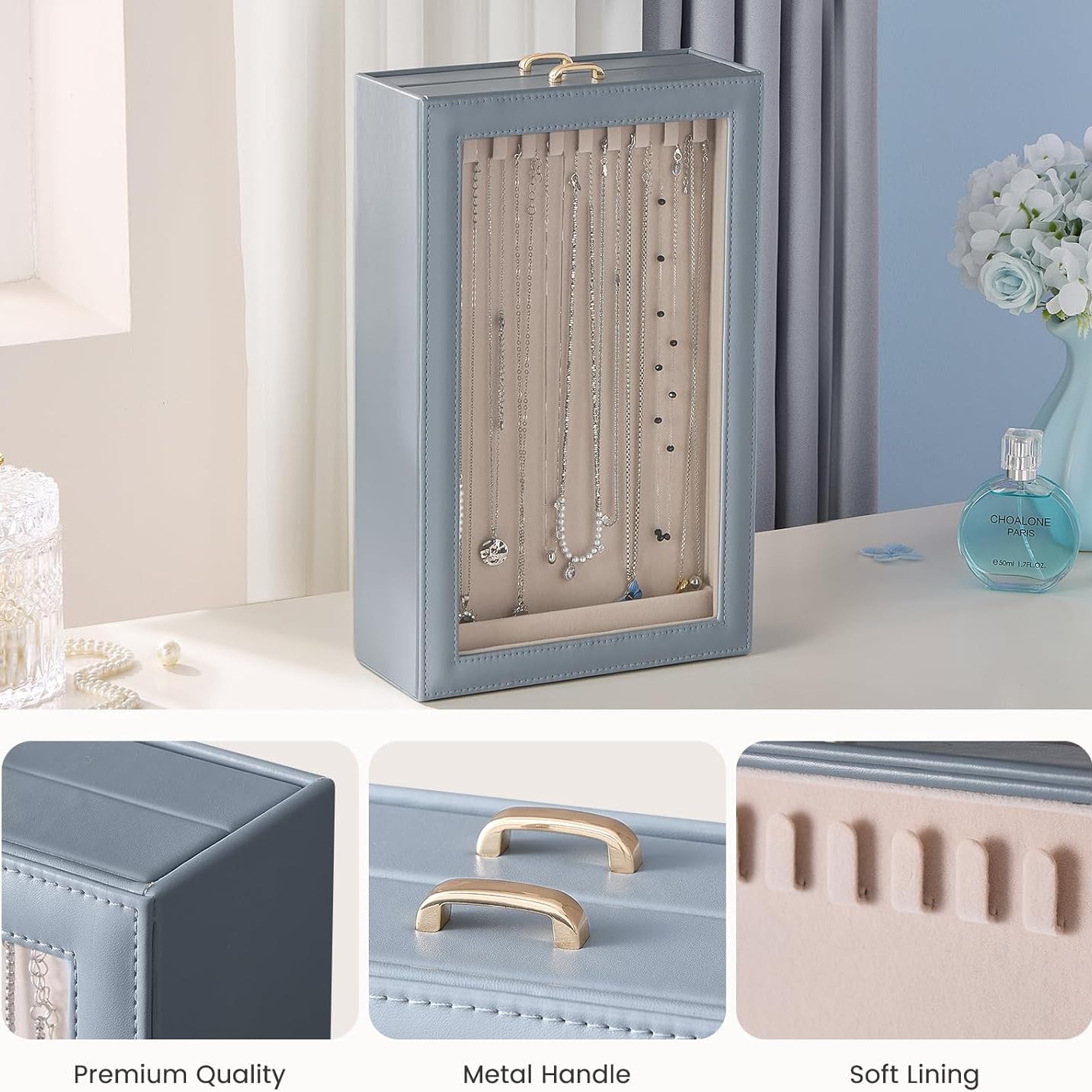 Necklace Organizer Box with Clear Lid