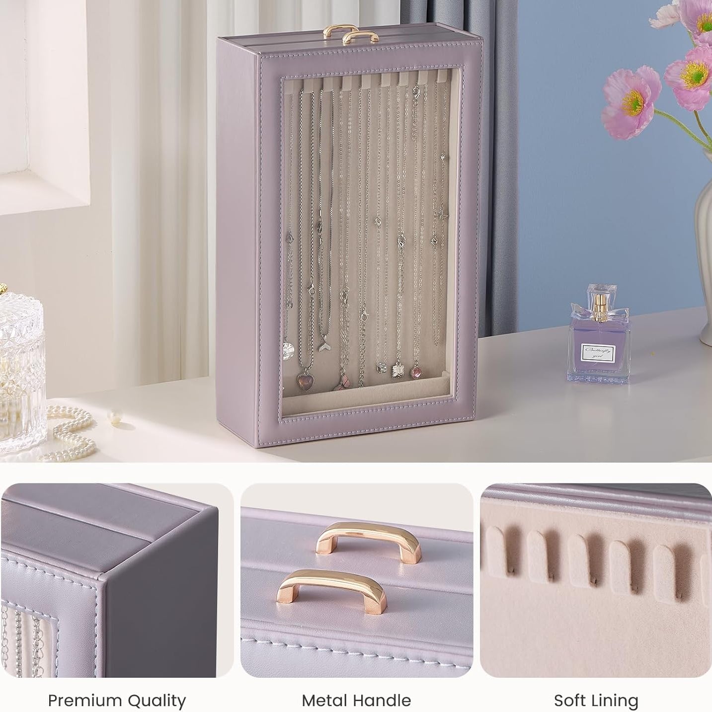 Necklace Organizer Box with Clear Lid