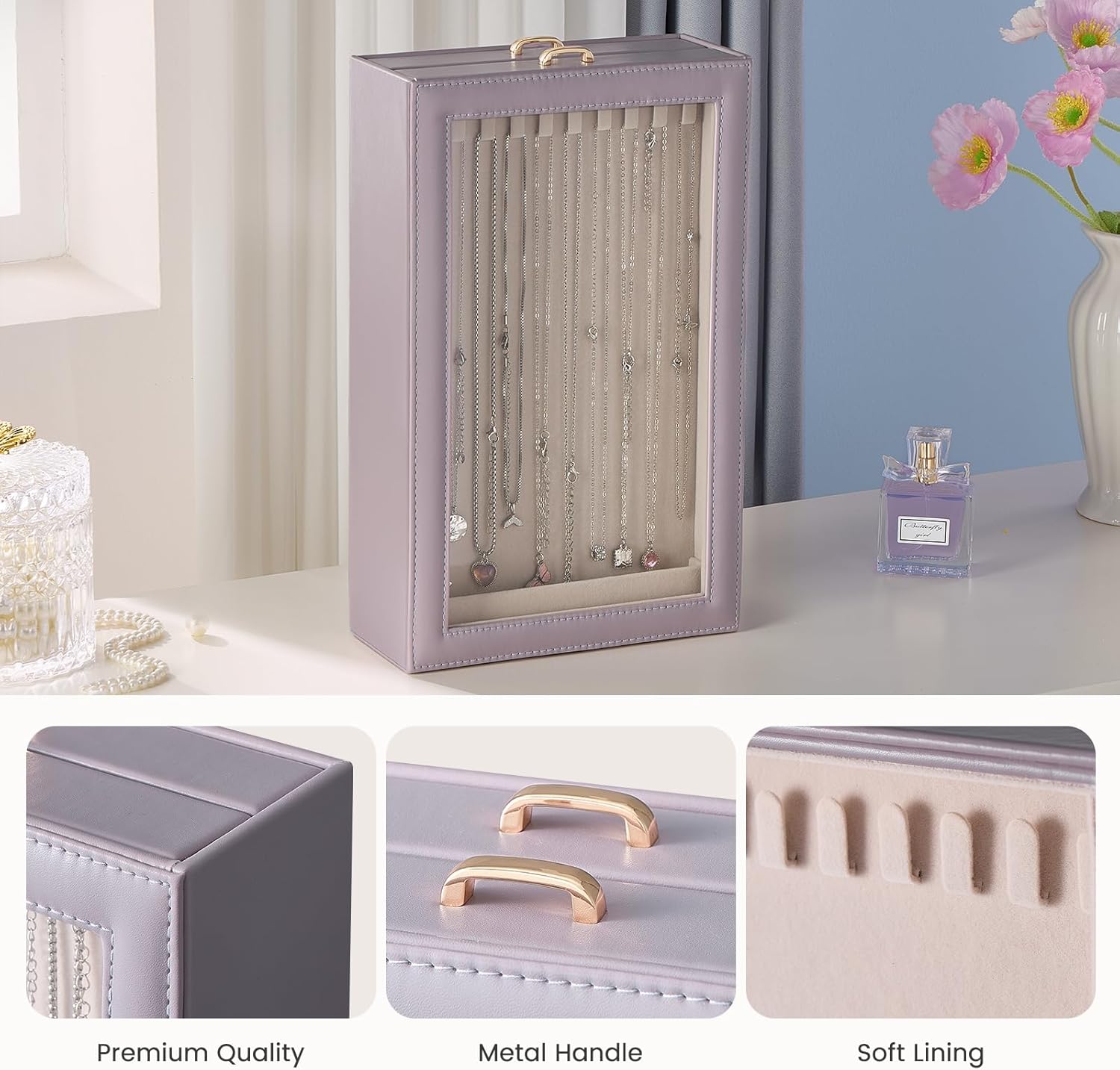 Necklace Organizer Box with Clear Lid