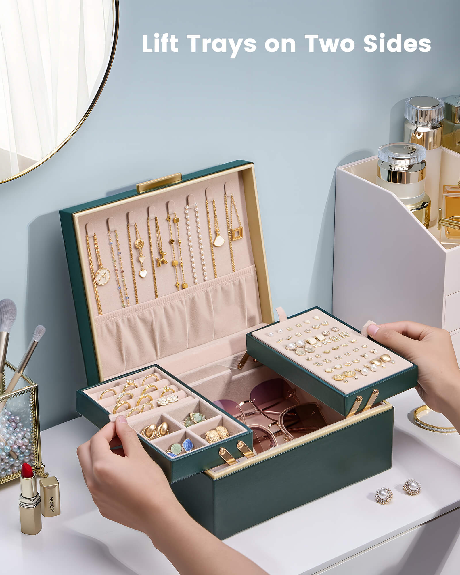 Large Jewelry Box Organizer with Two Foldable & Expandable Trays