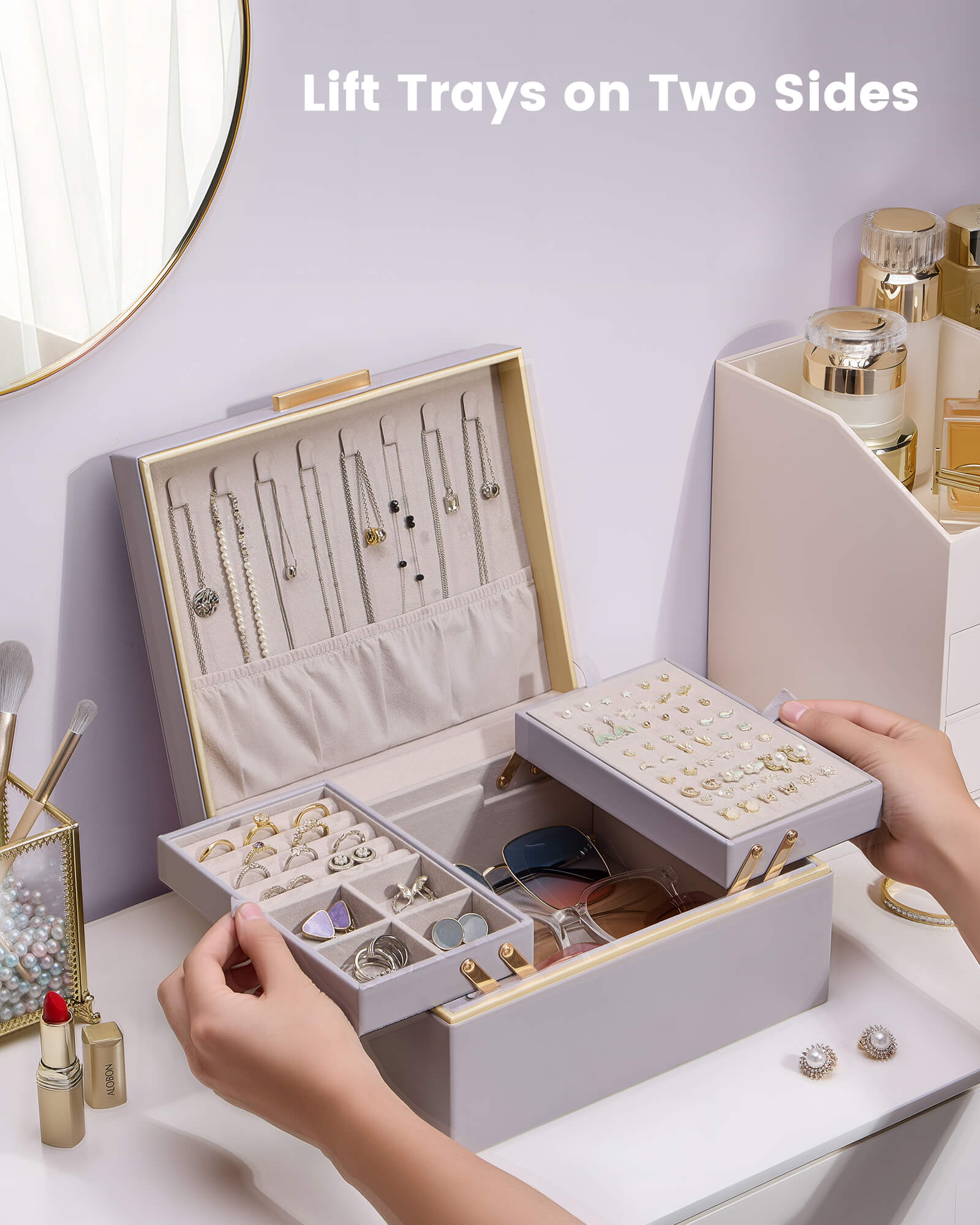 Large Jewelry Box Organizer with Two Foldable & Expandable Trays