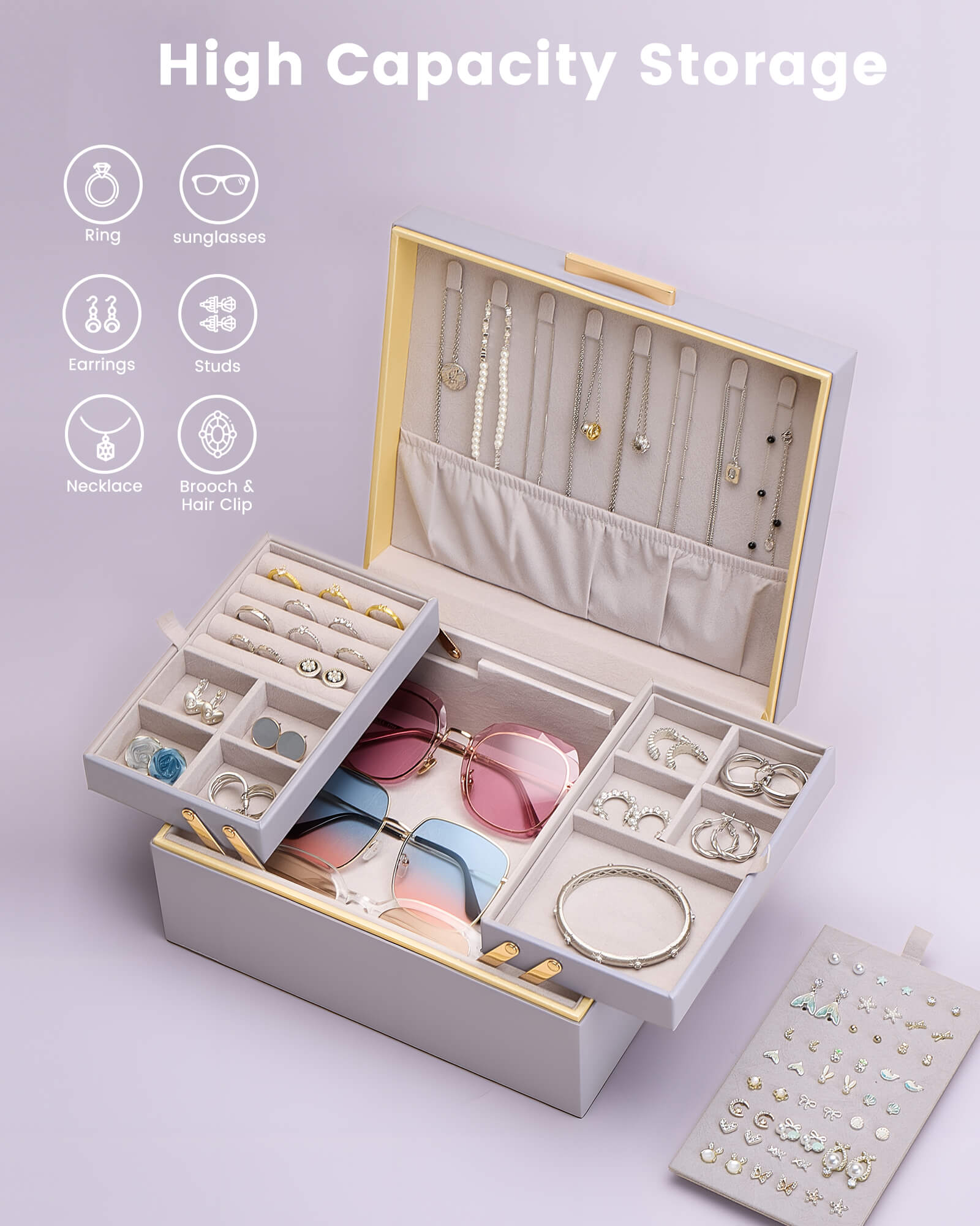 Large Jewelry Box Organizer with Two Foldable & Expandable Trays