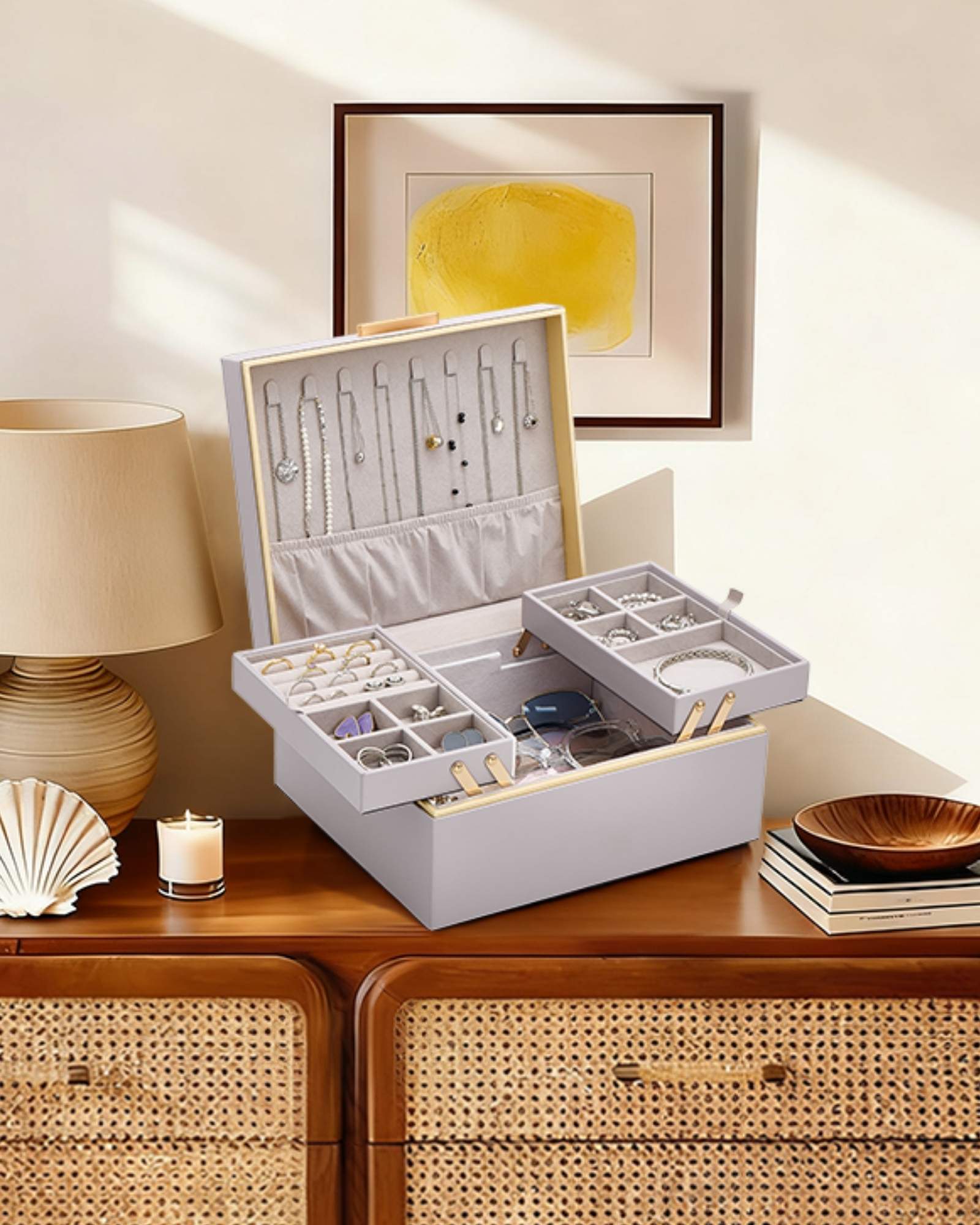 Large Jewelry Box Organizer with Two Foldable & Expandable Trays