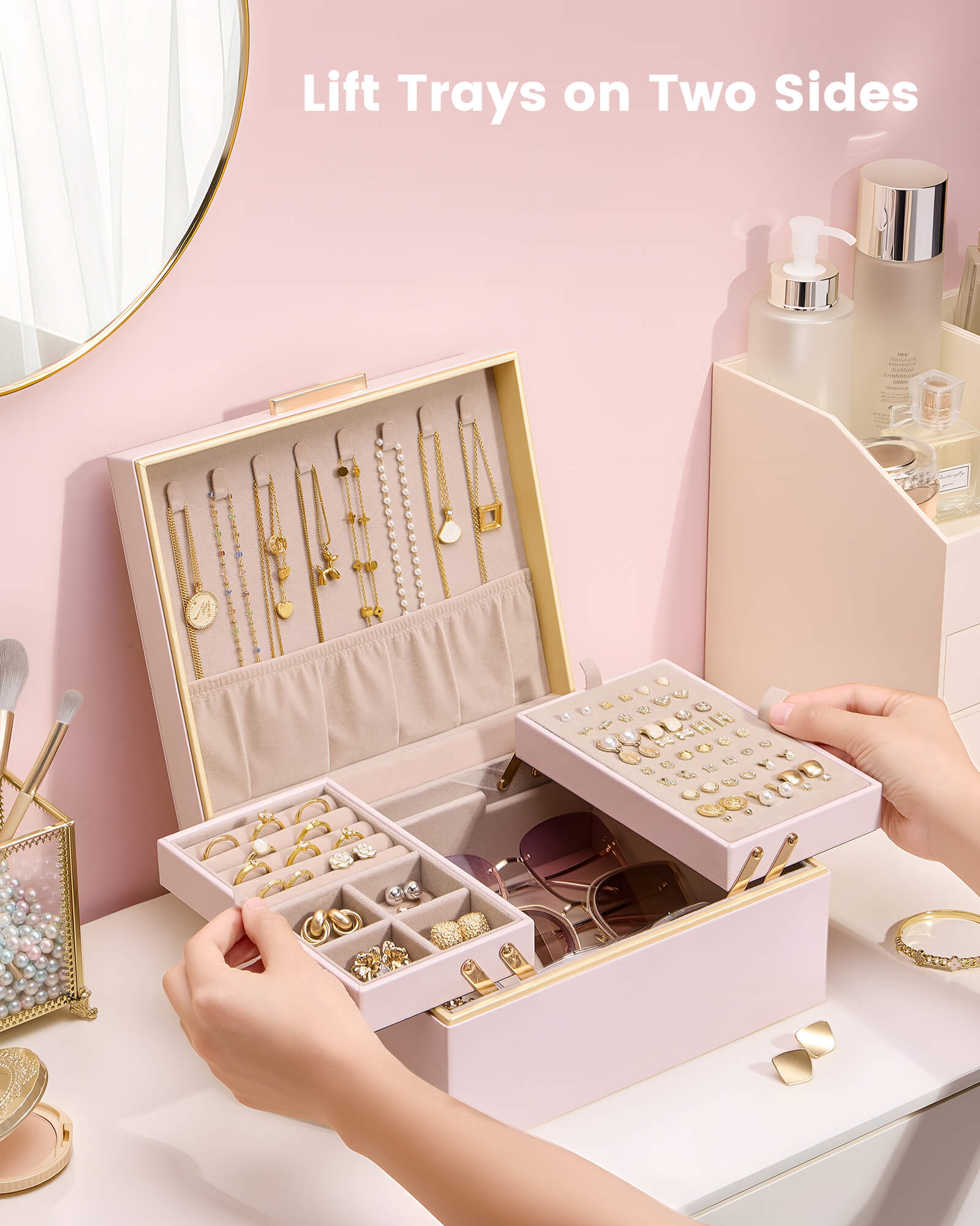 Large Jewelry Box Organizer with Two Foldable & Expandable Trays