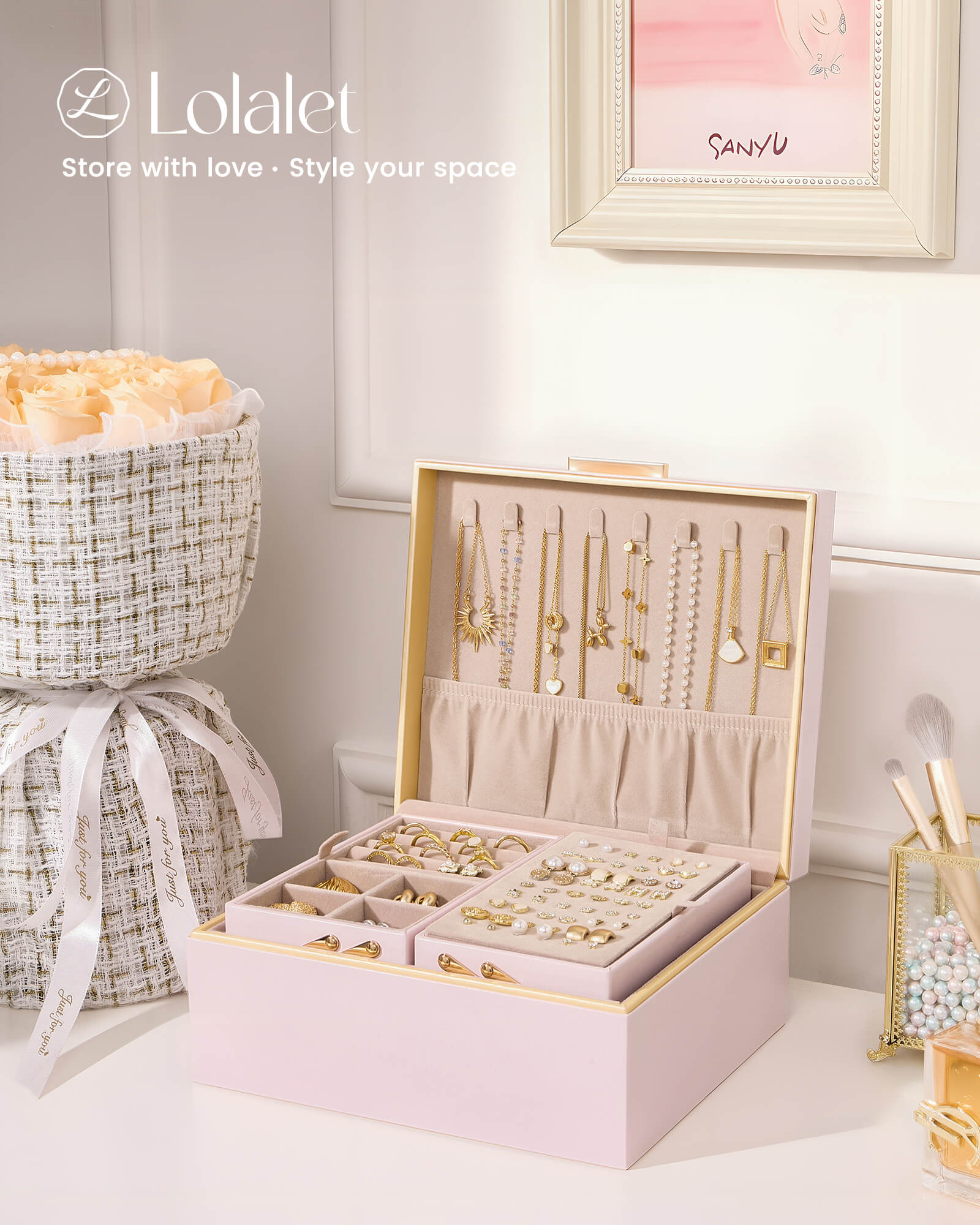 Large Jewelry Box Organizer with Two Foldable & Expandable Trays