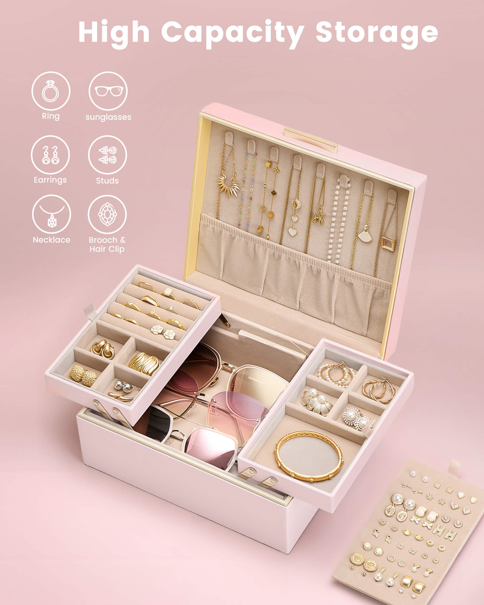 Large Jewelry Box Organizer with Two Foldable & Expandable Trays