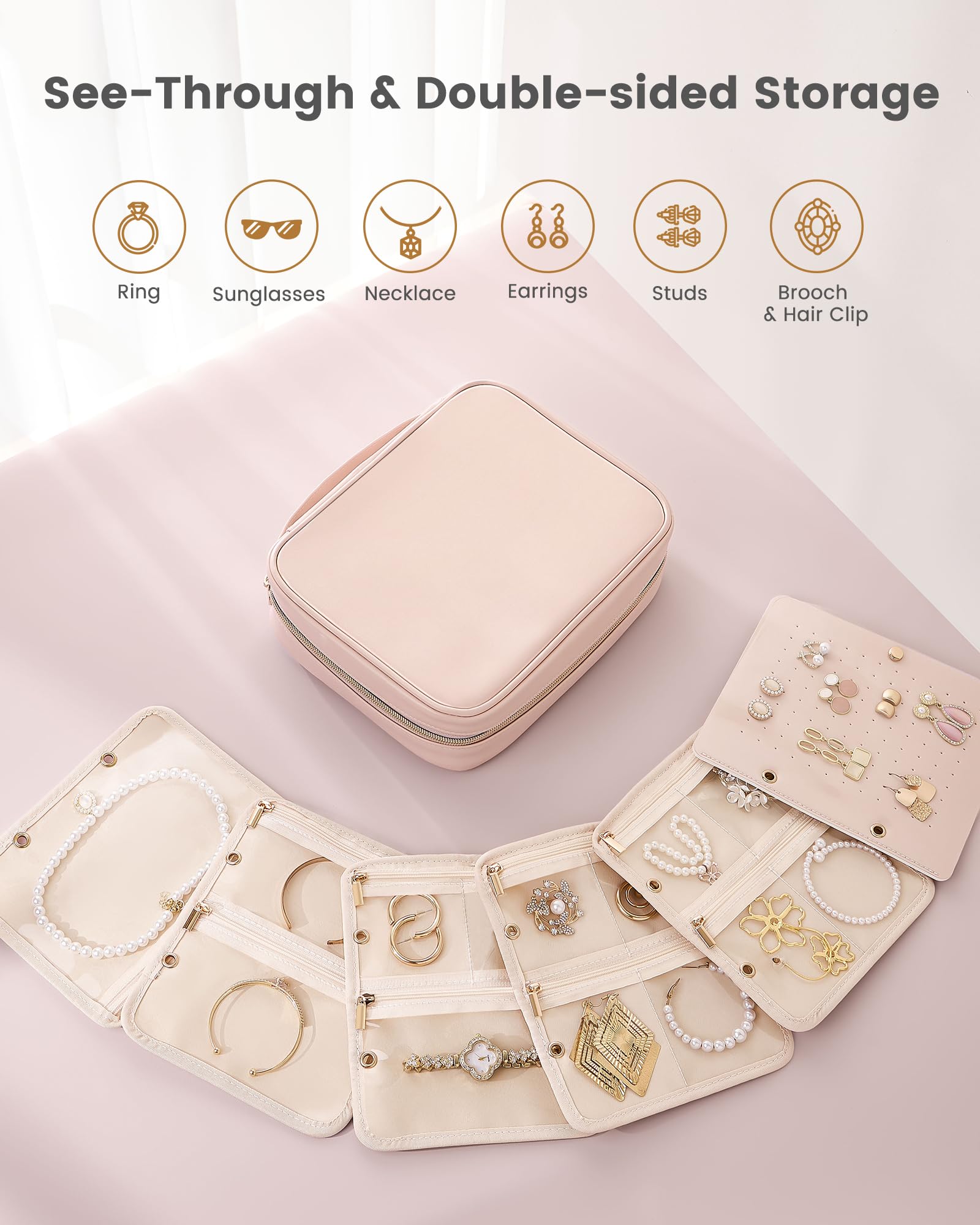 Ultra-Light Waterproof Travel Jewelry Organizer Case with Velvet Zippered Pouches