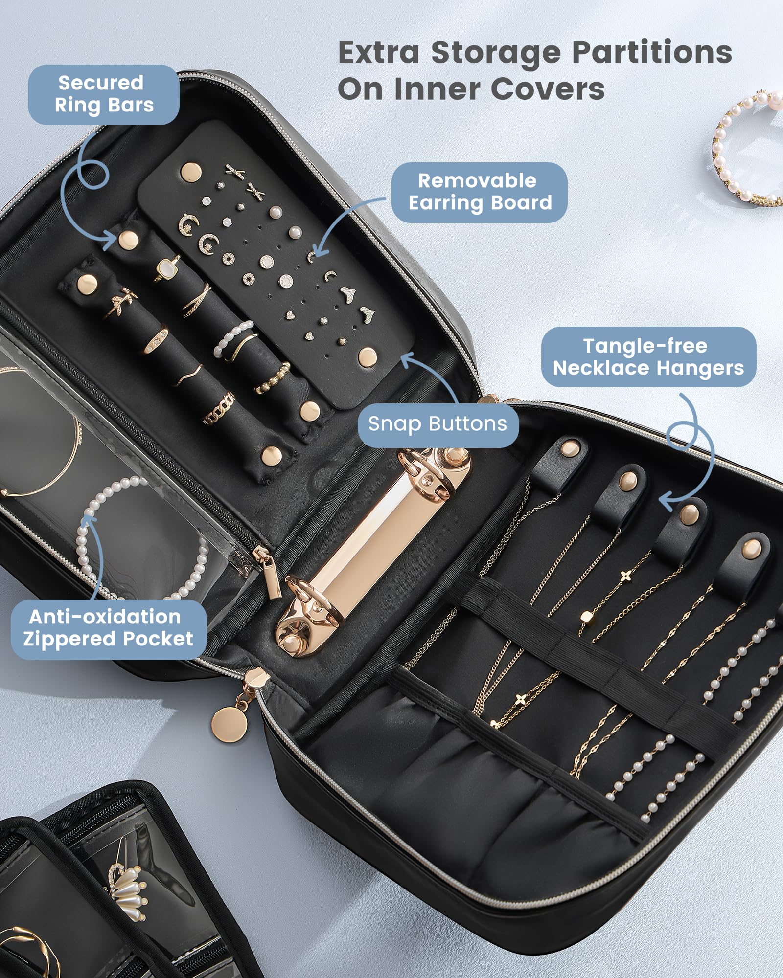 Ultra-Light Waterproof Travel Jewelry Organizer Case with Velvet Zippered Pouches