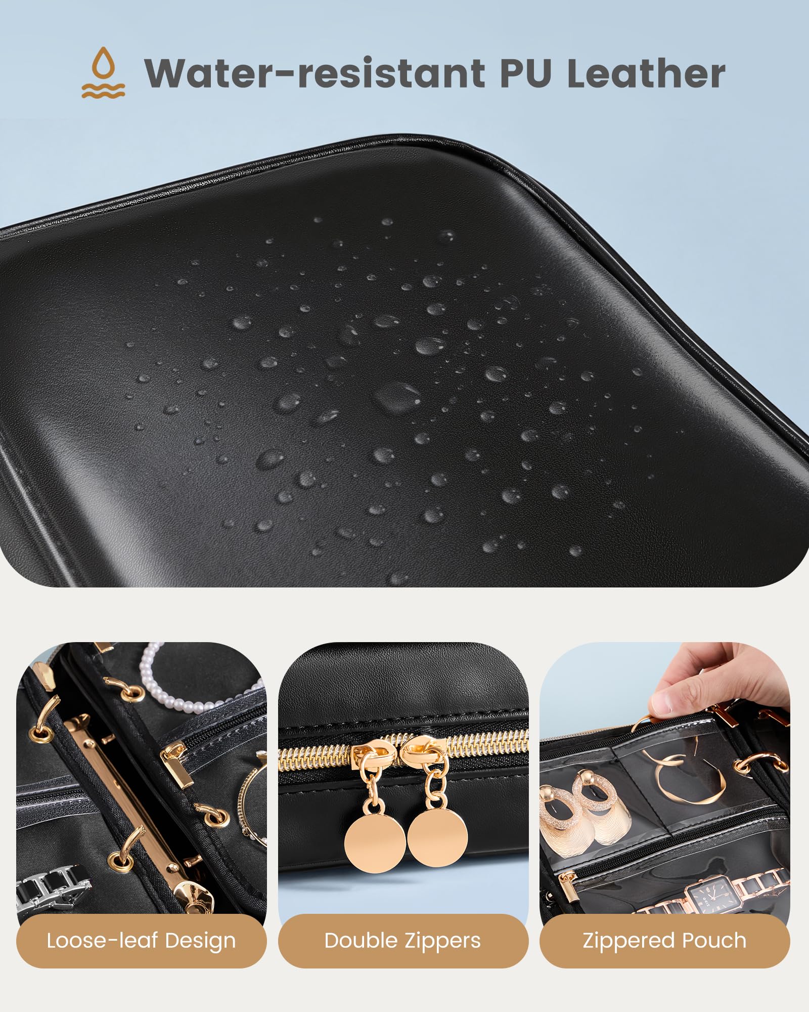 Ultra-Light Waterproof Travel Jewelry Organizer Case with Velvet Zippered Pouches