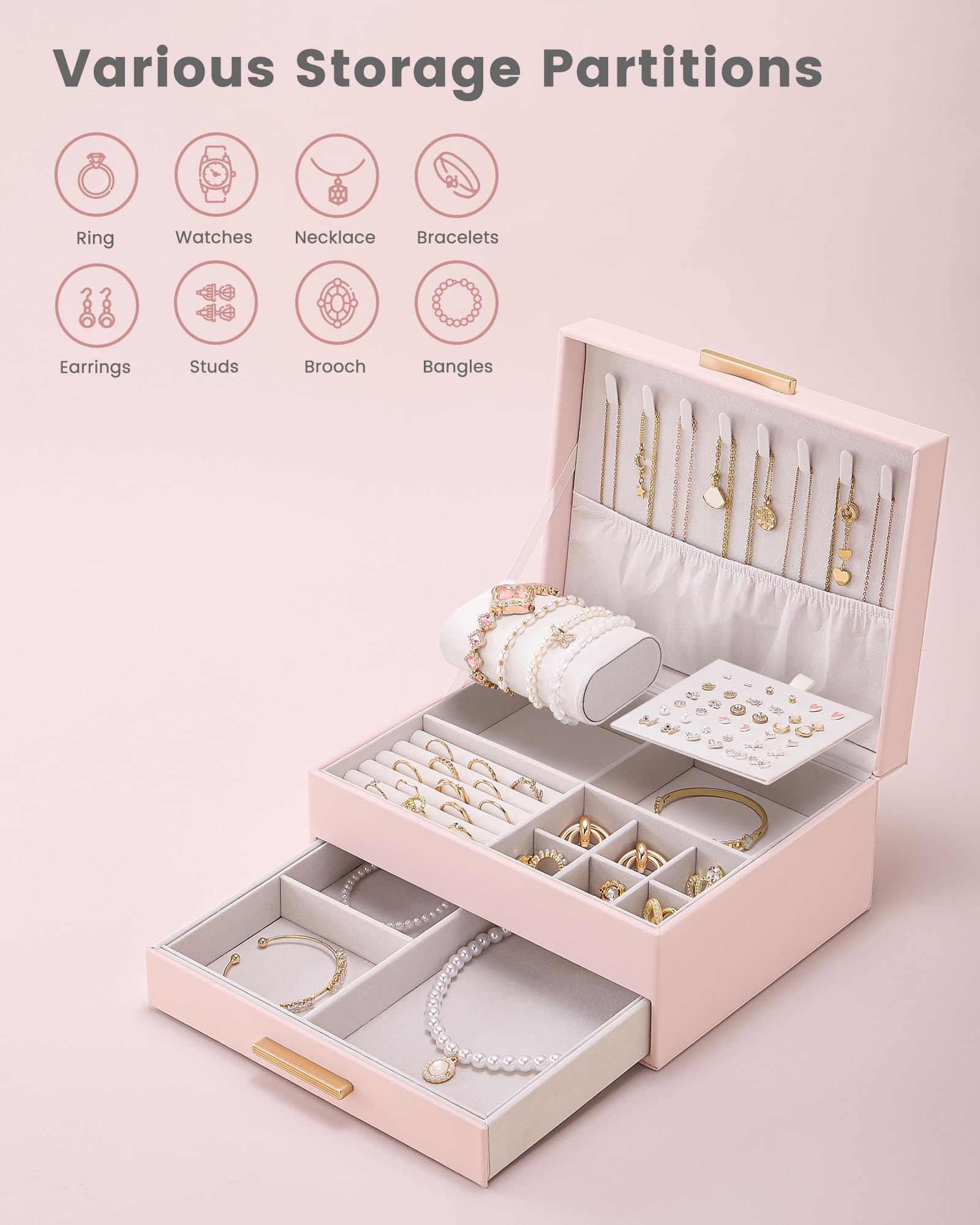 Elegant Large Capacity Jewelry Organizer Box with Multi-Layer Trays & Drawer