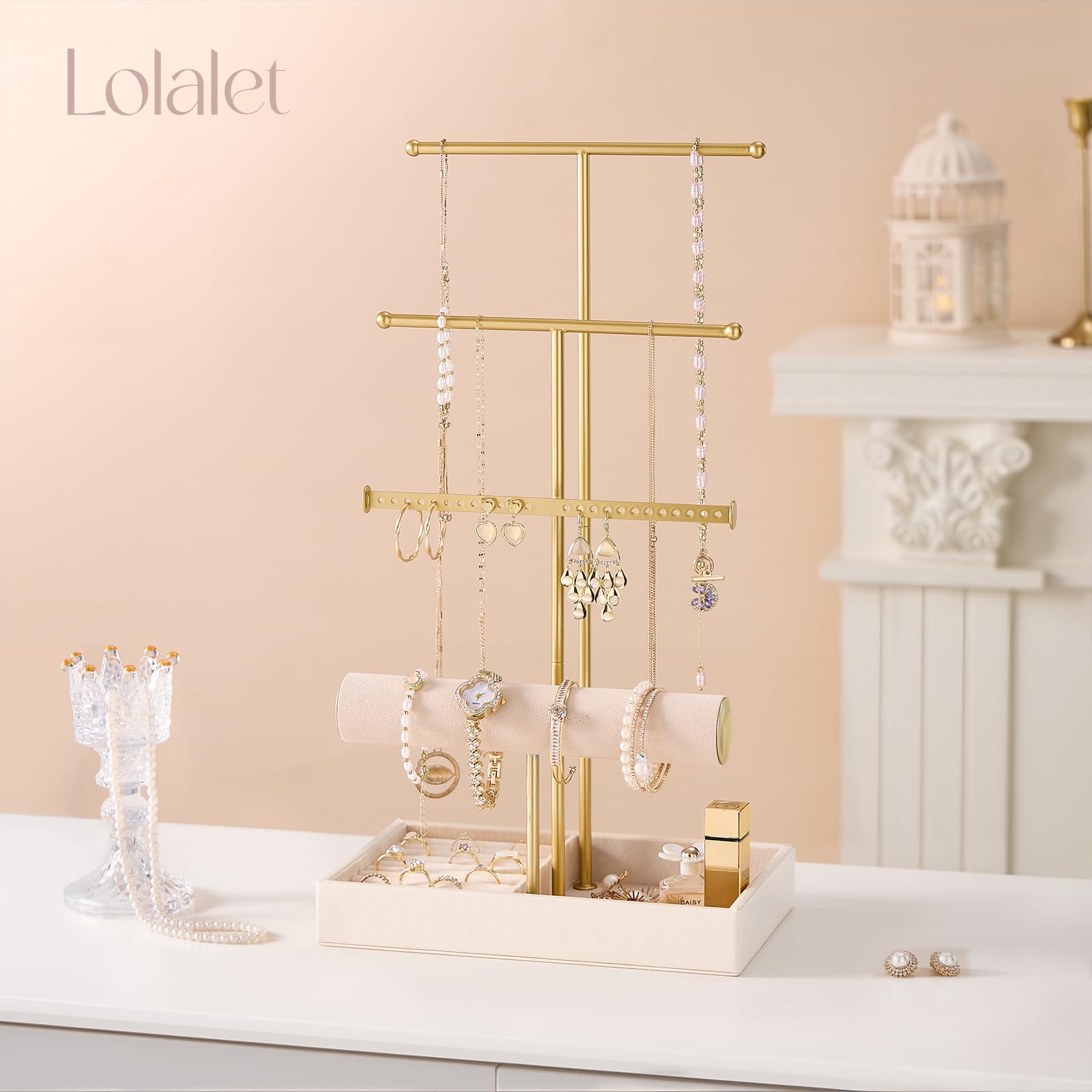 4 Tiers Jewelry Holder Tree with Velvet Tray