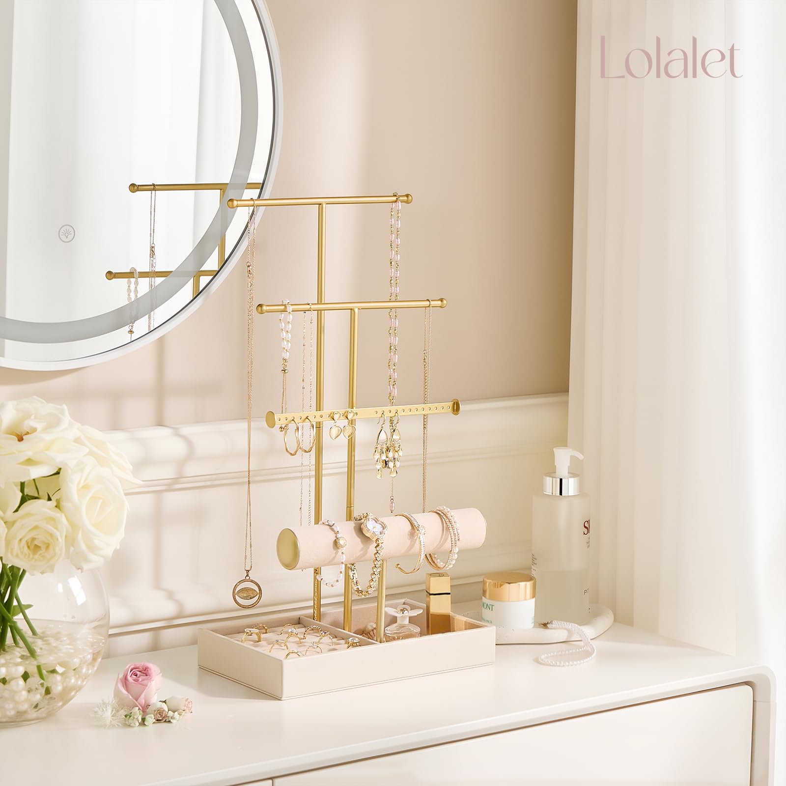 4 Tiers Jewelry Holder Tree with Velvet Tray