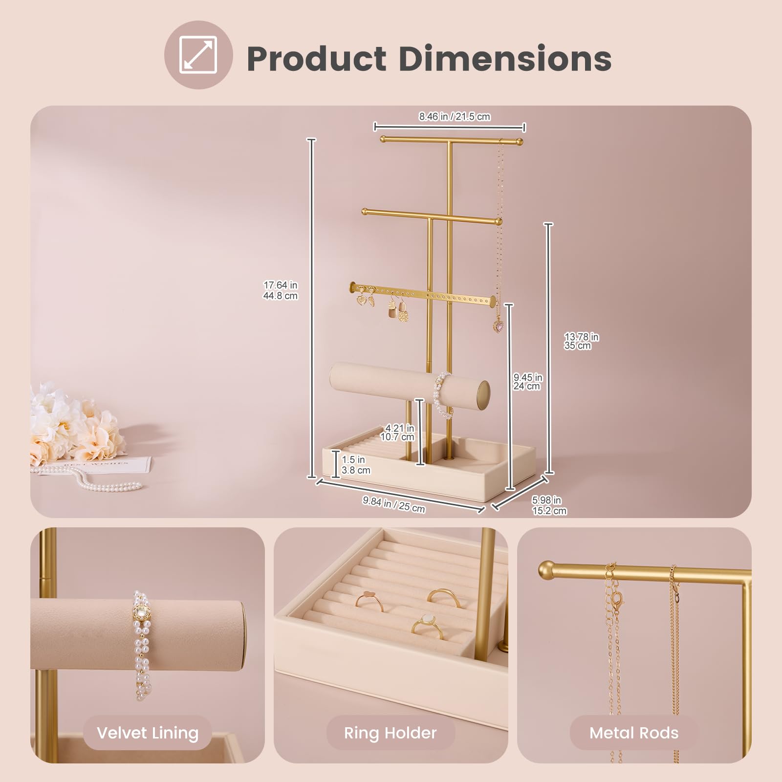 4 Tiers Jewelry Holder Tree with Velvet Tray