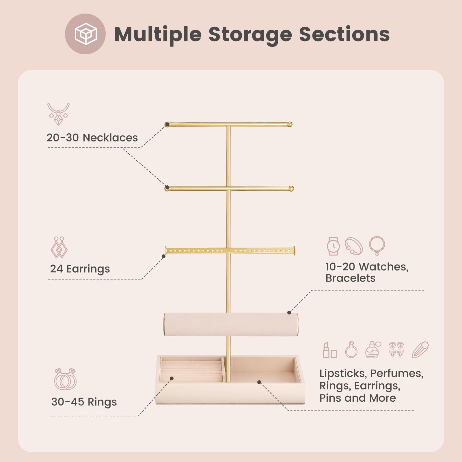 4 Tiers Jewelry Holder Tree with Velvet Tray
