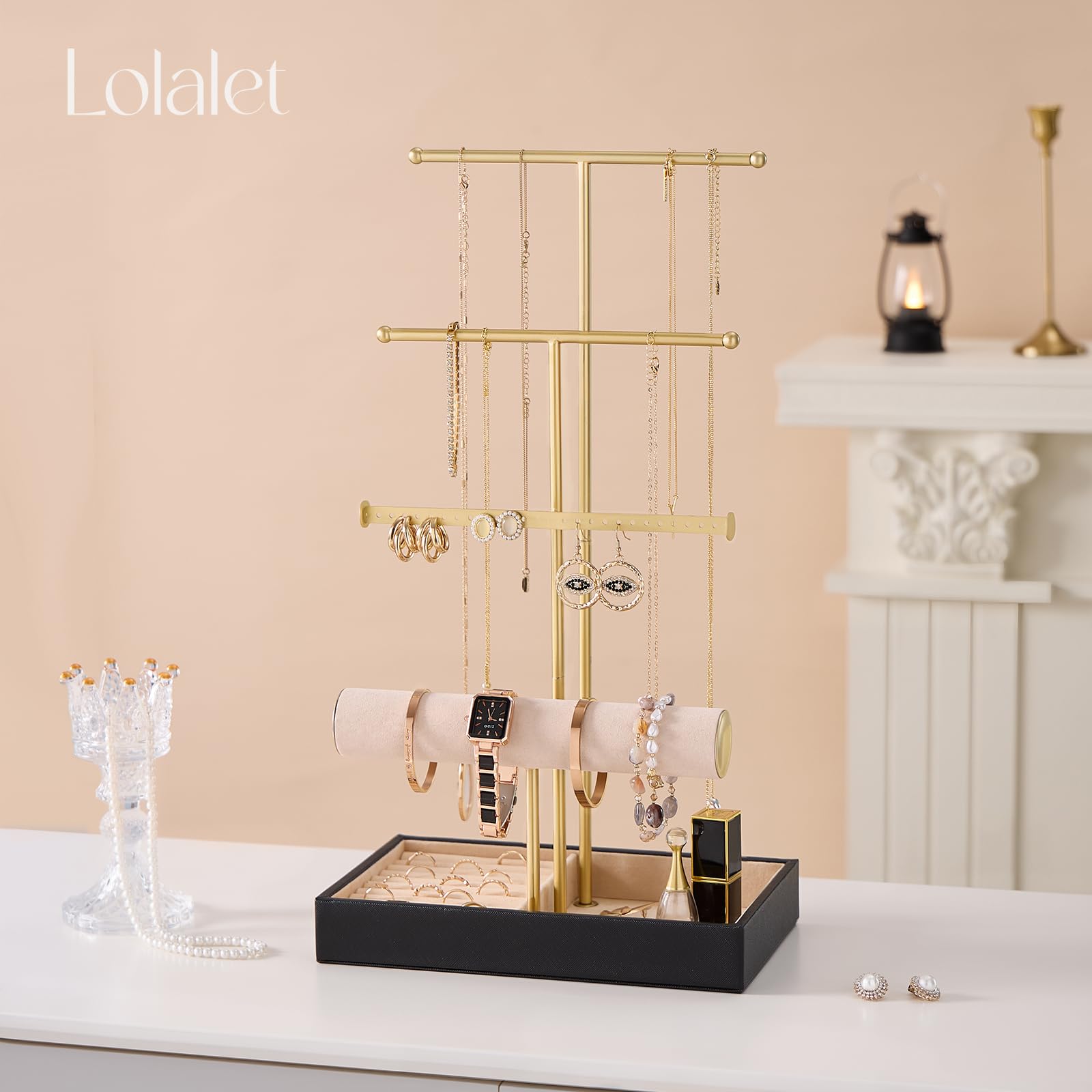 4 Tiers Jewelry Holder Tree with Velvet Tray