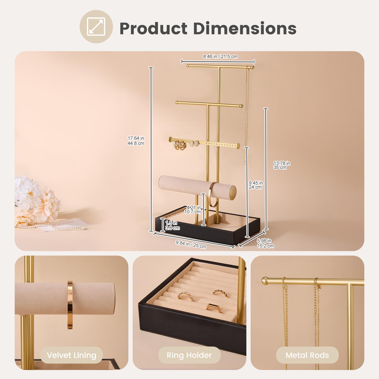 4 Tiers Jewelry Holder Tree with Velvet Tray