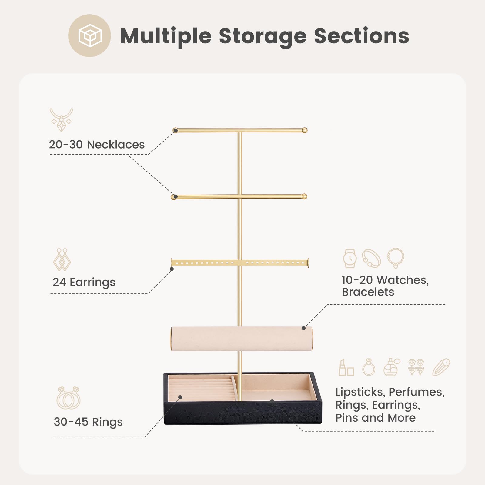 4 Tiers Jewelry Holder Tree with Velvet Tray