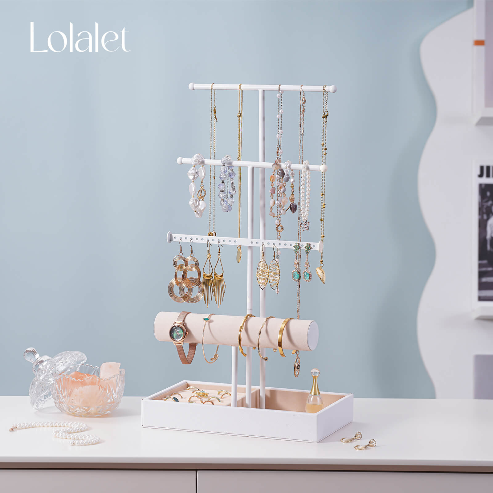 4 Tiers Jewelry Holder Tree with Velvet Tray