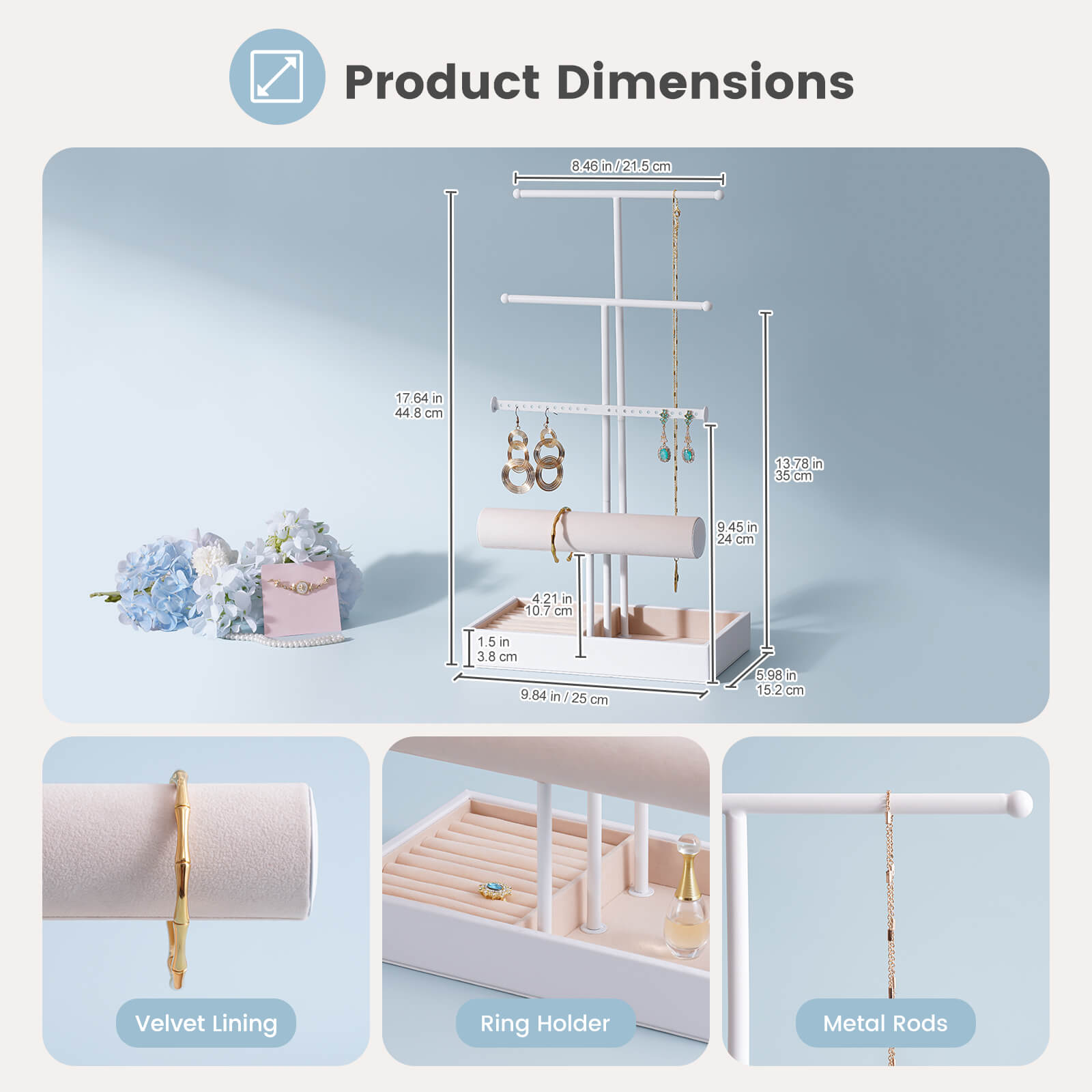 4 Tiers Jewelry Holder Tree with Velvet Tray