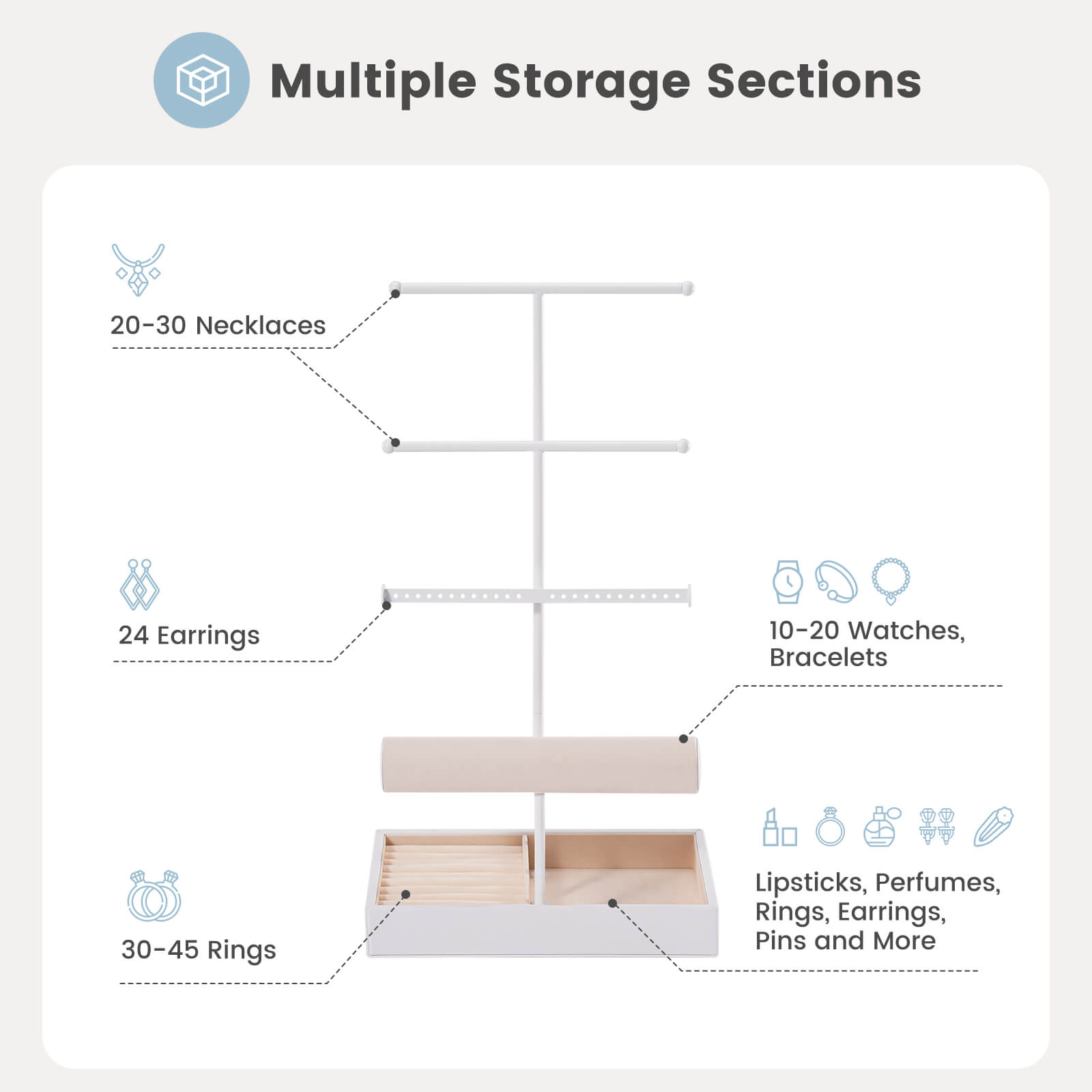 4 Tiers Jewelry Holder Tree with Velvet Tray