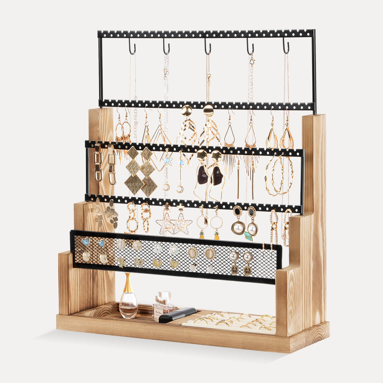 The Lolalet 5-tier jewelry organizer rack displaying a large collection of earrings, necklaces, and bracelets, showing its 90-pair capacity.