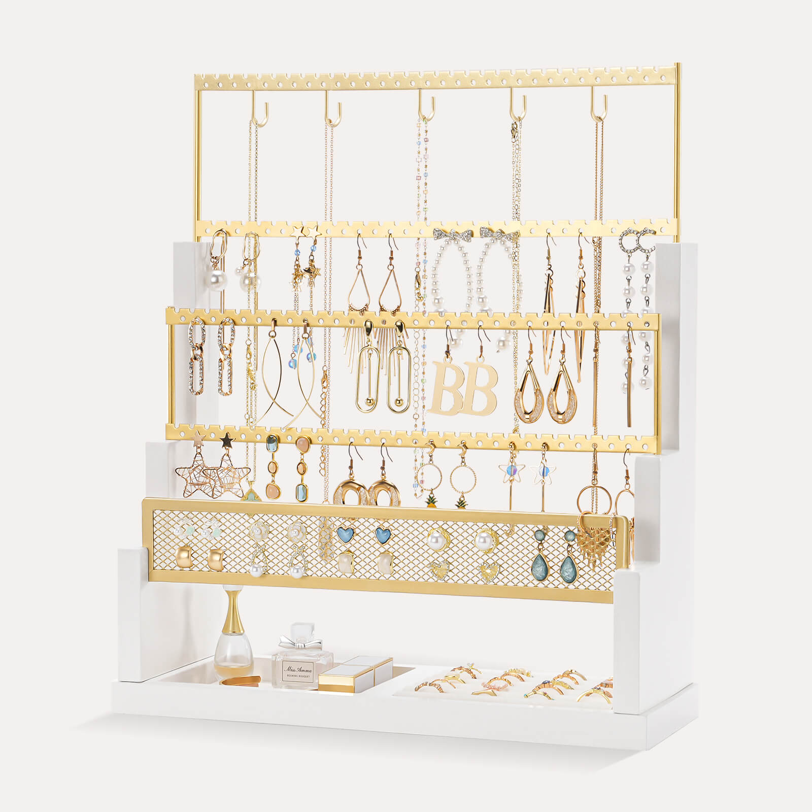 The Lolalet 5-tier jewelry organizer rack displaying a large collection of earrings, necklaces, and bracelets, showing its 90-pair capacity.